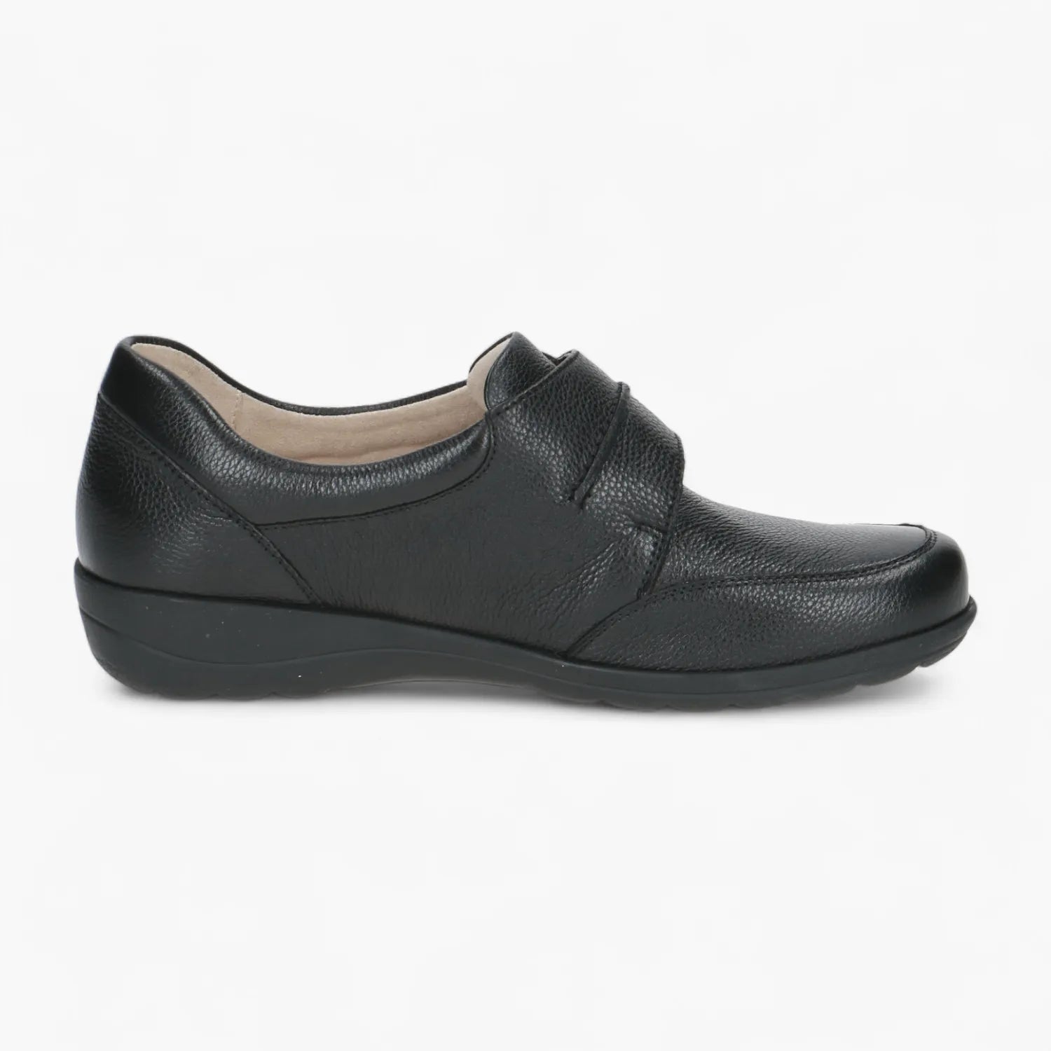 Caprice Black Leather Slip-On Shoe with Velcro Strap - Leavys Shoes