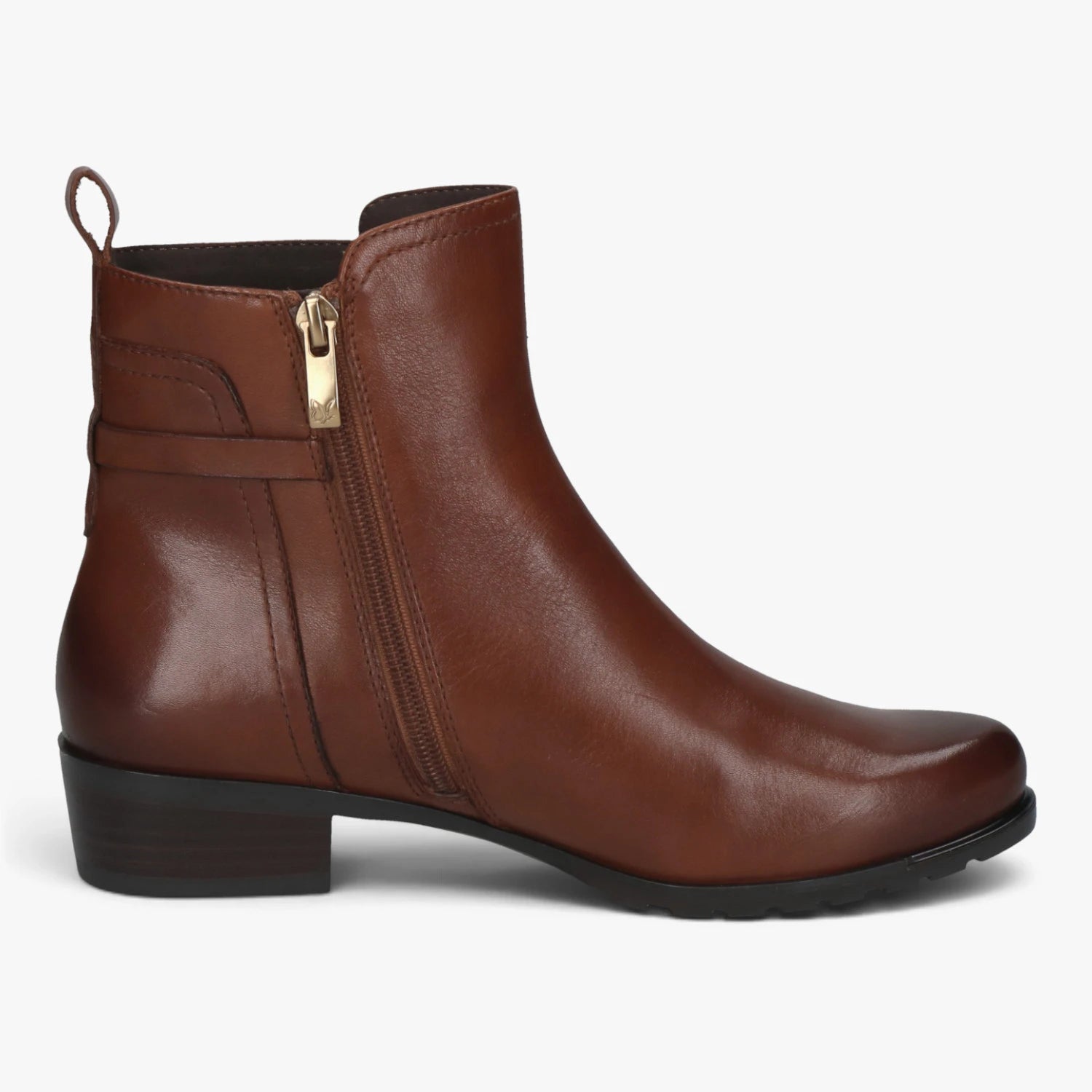 Inner side of the Caprice cognac leather ankle boot, showing the zip fastening.