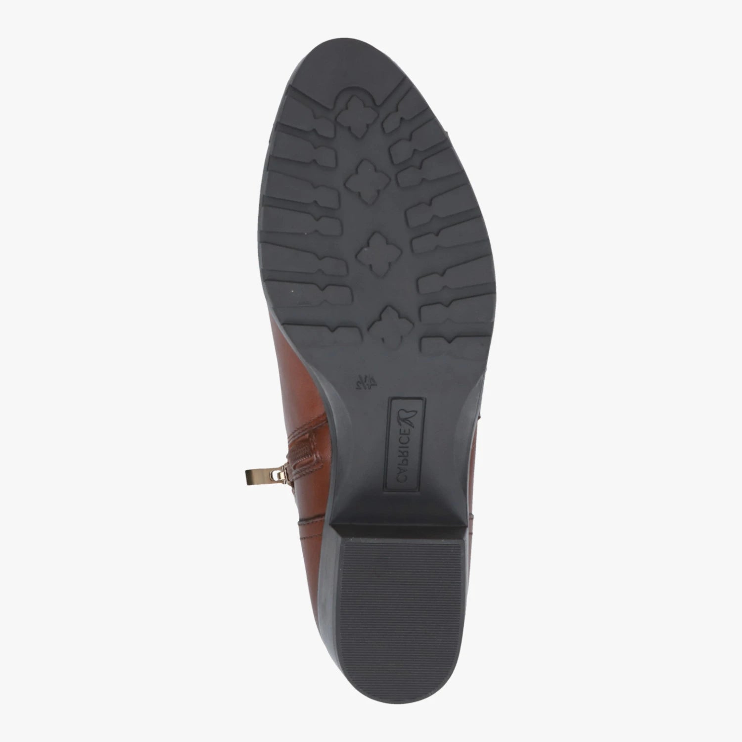 Tread pattern on the black outsole of the Caprice cognac leather ankle boot.