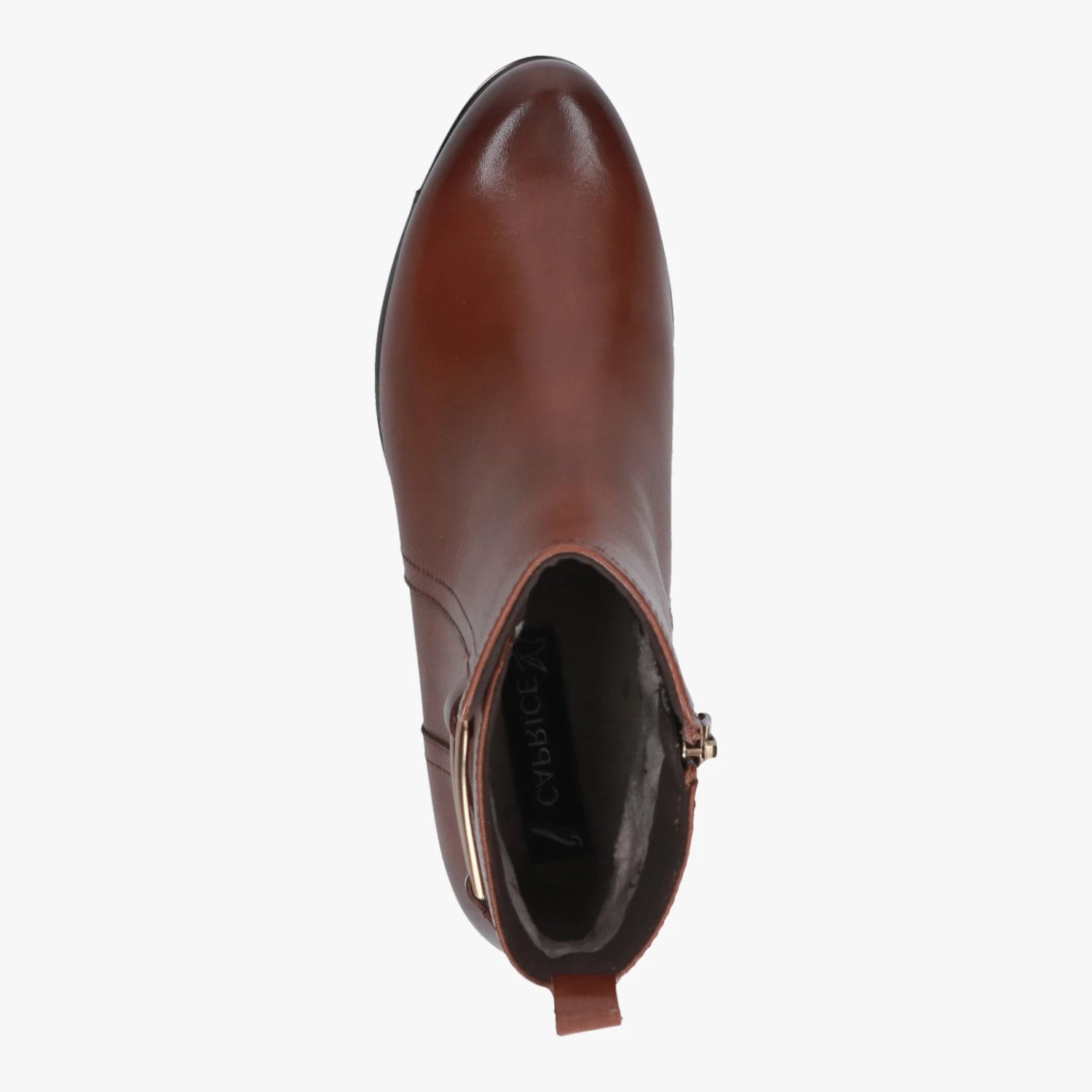 Top view of the Caprice cognac leather ankle boot, showing the toe shape and opening.