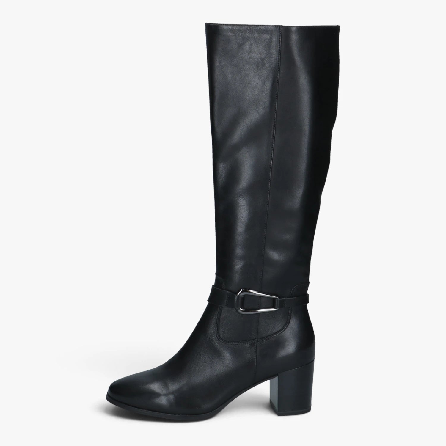Caprice Black Leather Block Heel Knee-High Boots