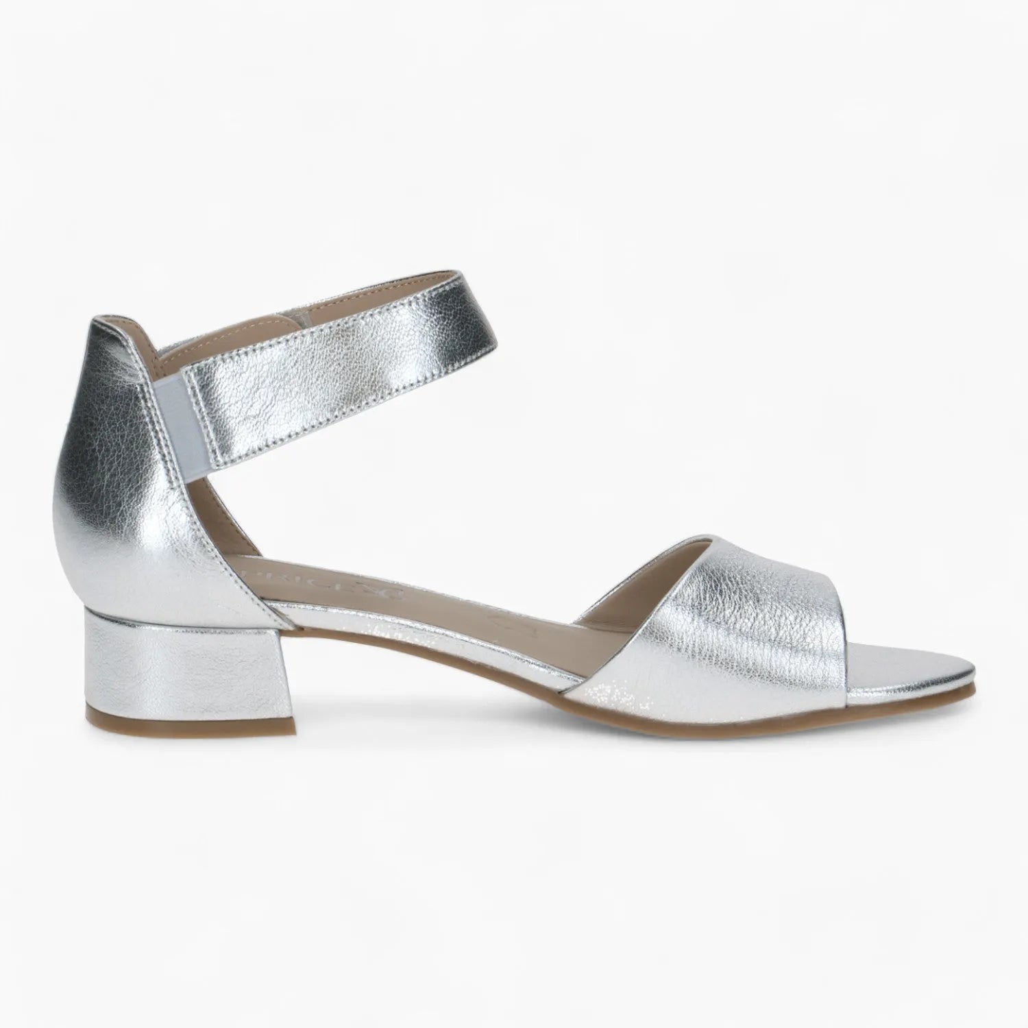 Caprice Silver Low Block Heel Sandal – Reflective & Dressy - Leavys Shoes