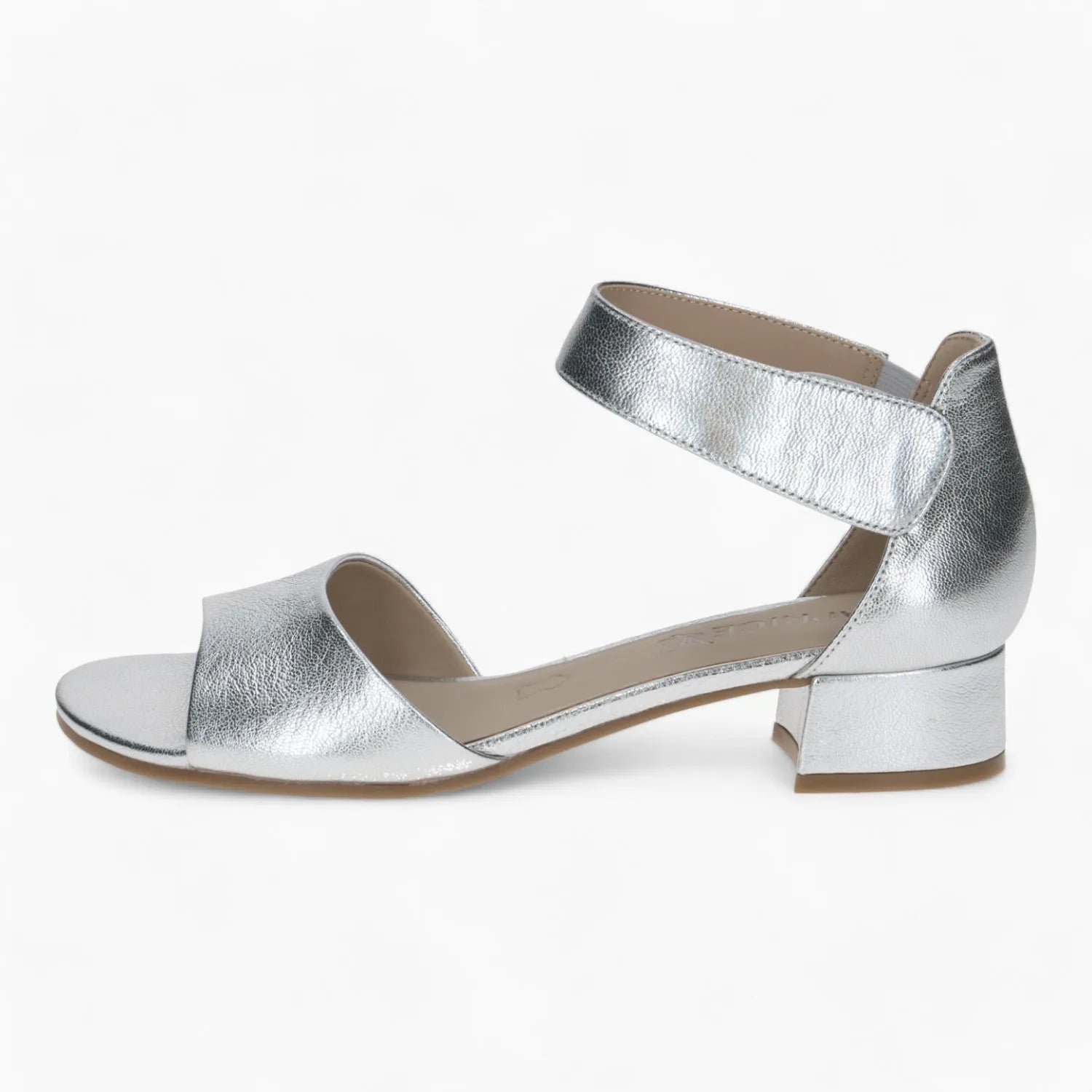 Caprice Silver Low Block Heel Sandal – Reflective & Dressy - Leavys Shoes