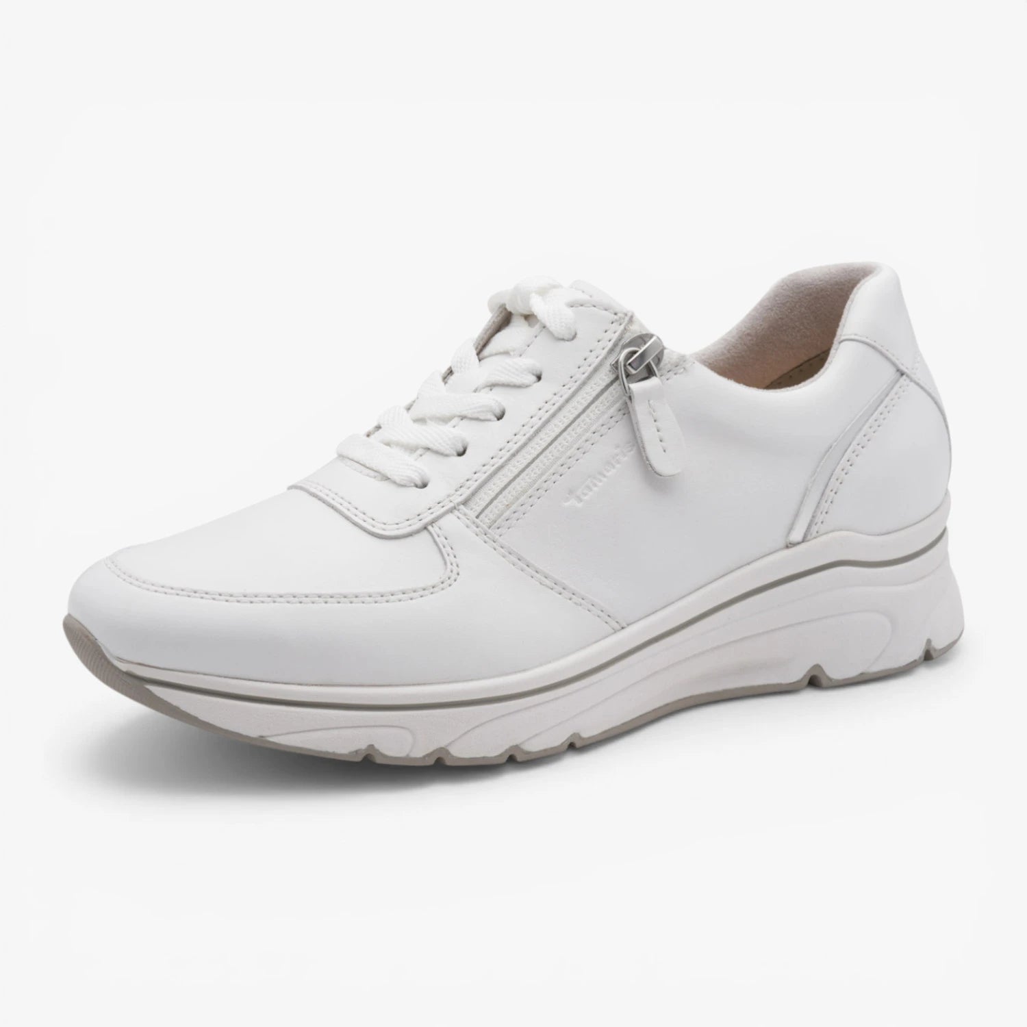 Tamaris White and Silver Comfort Trainer with Side Zip