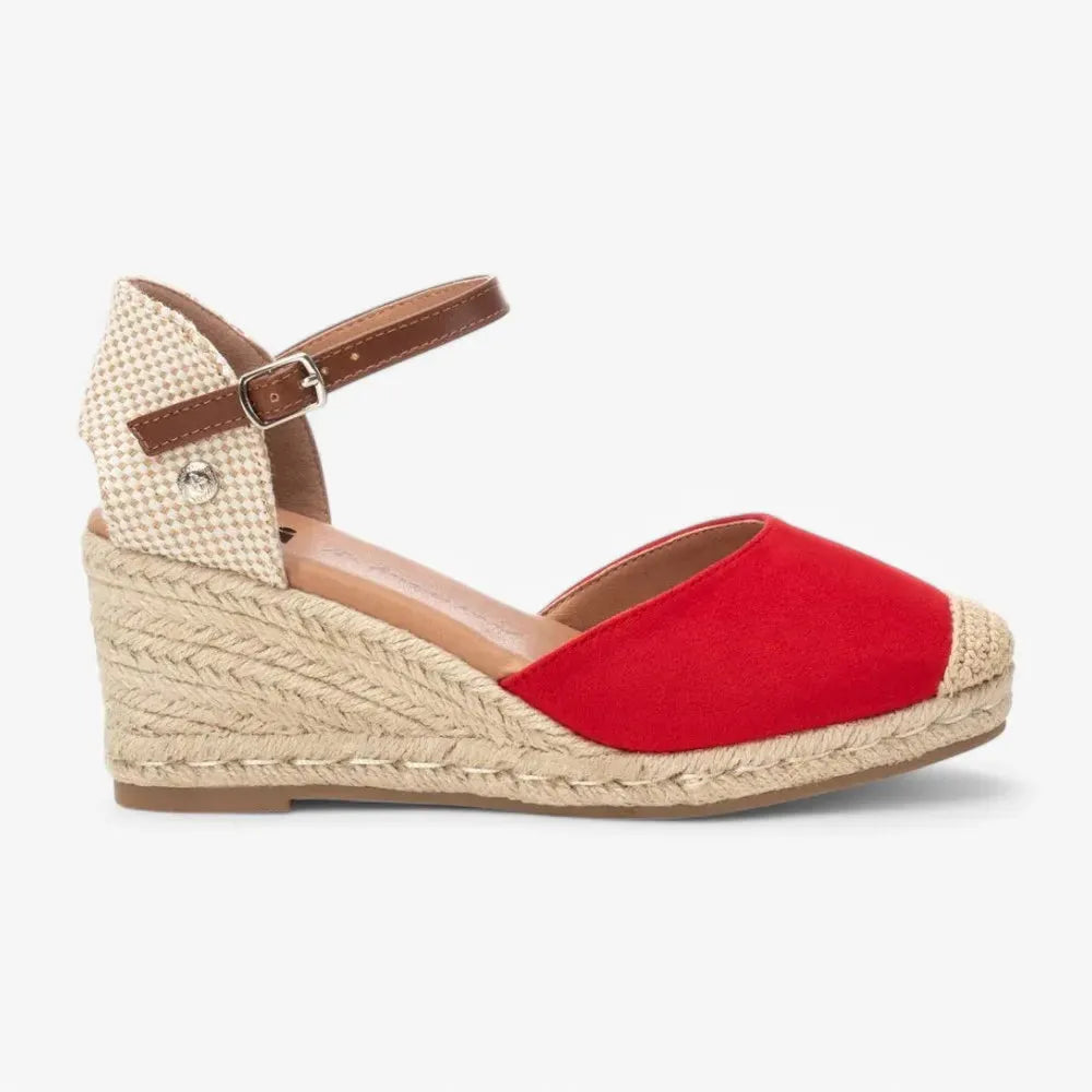 Xti Red Espadrille Wedges with Buckle Ankle Strap - Leavys Shoes