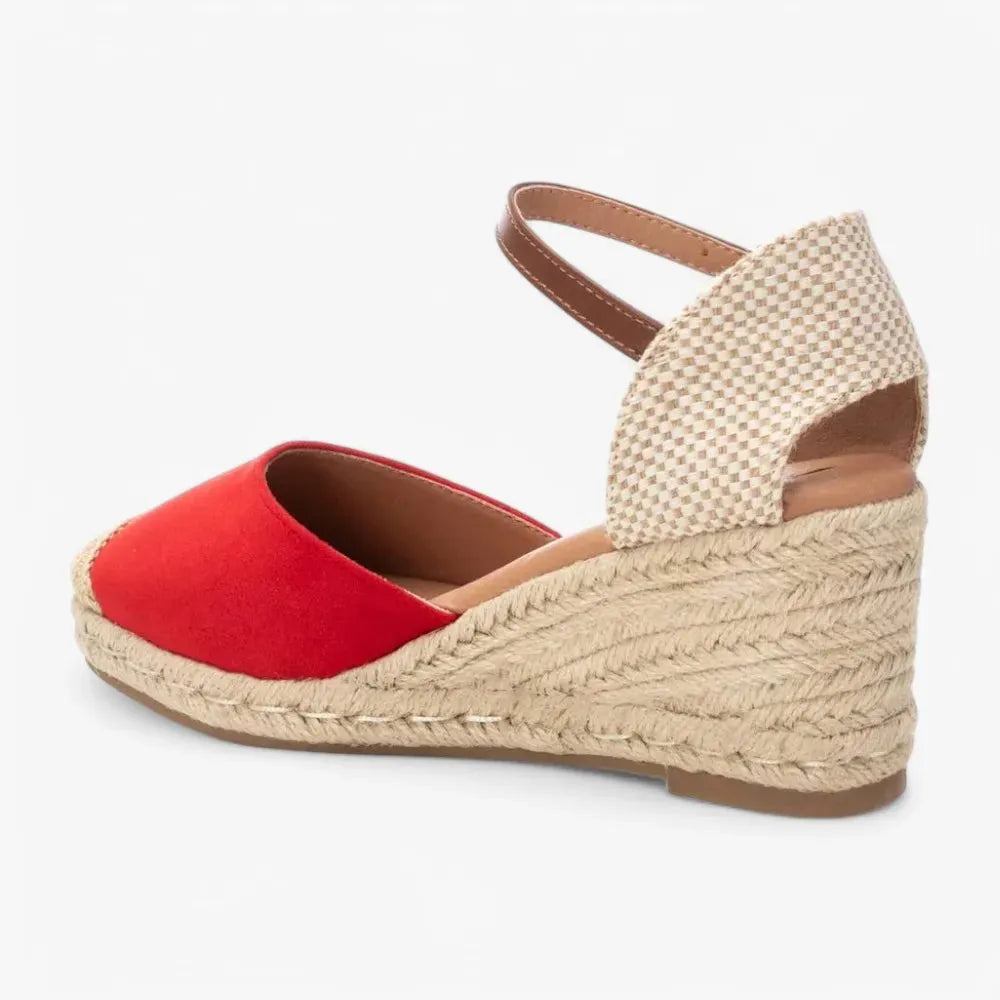 Xti Red Espadrille Wedges with Buckle Ankle Strap - Leavys Shoes