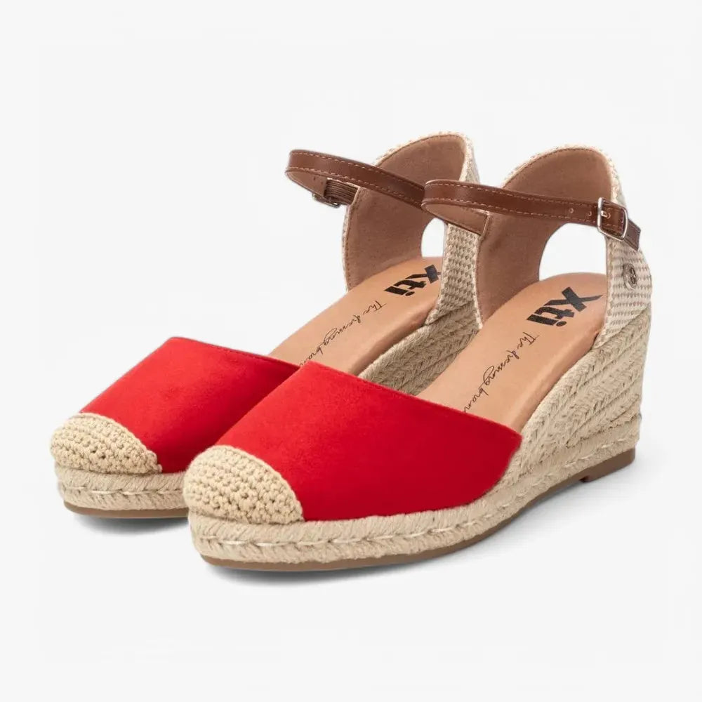 Xti Red Espadrille Wedges with Buckle Ankle Strap - Leavys Shoes