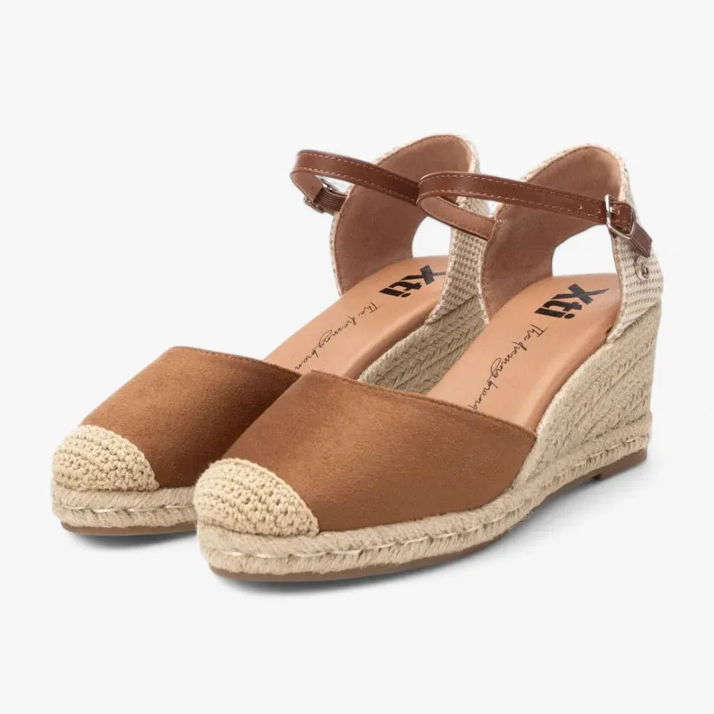 Xti Taupe Wedge Espadrilles with Buckle Strap - Leavys Shoes