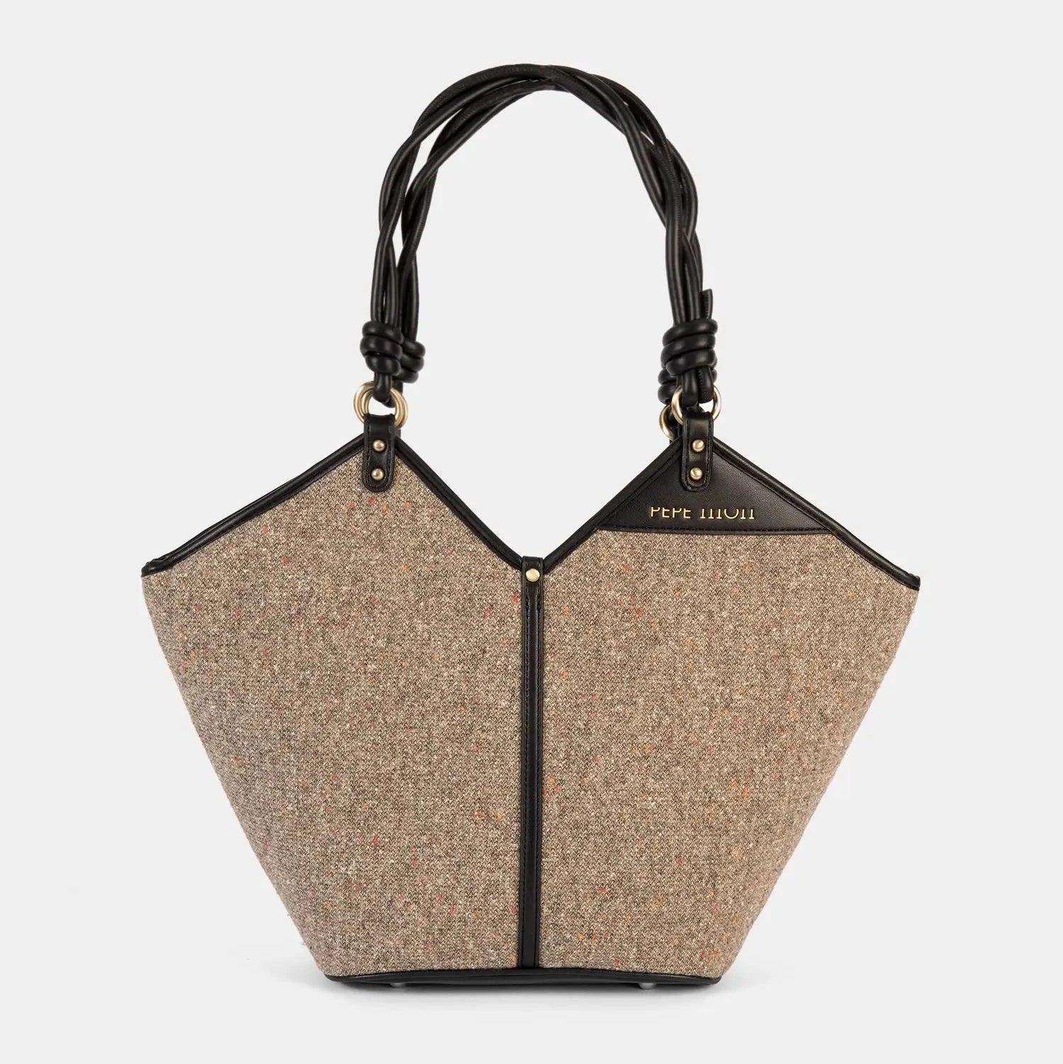 Beige handbag with black accents on a white background