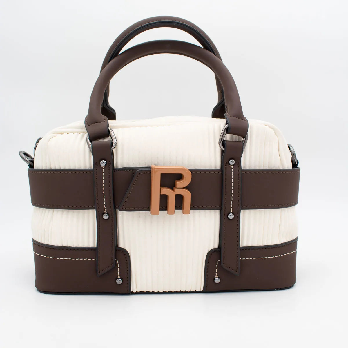 White handbag with brown accents and a visible logo on a white background