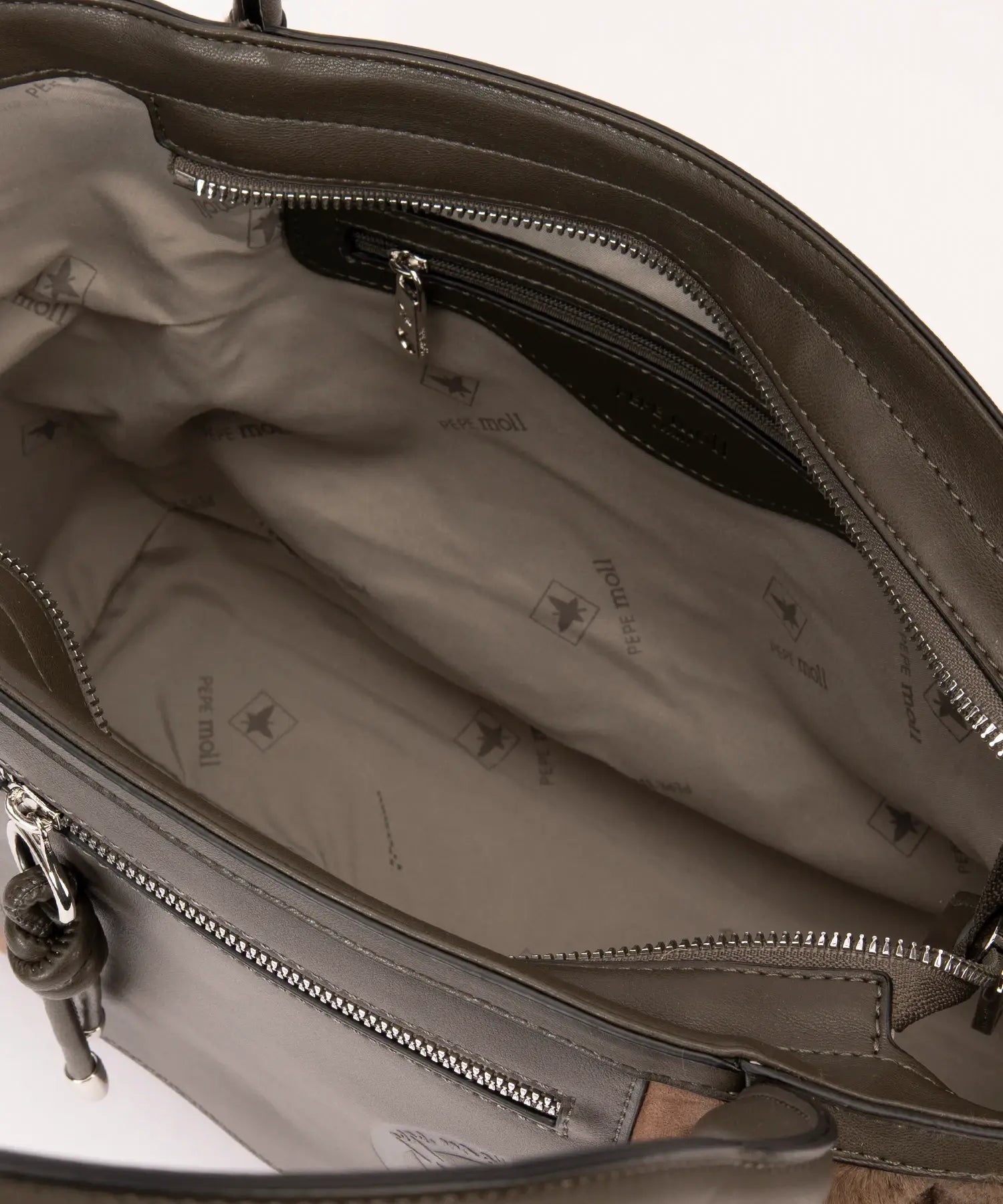 Gray handbag with visible brand logo on a white background