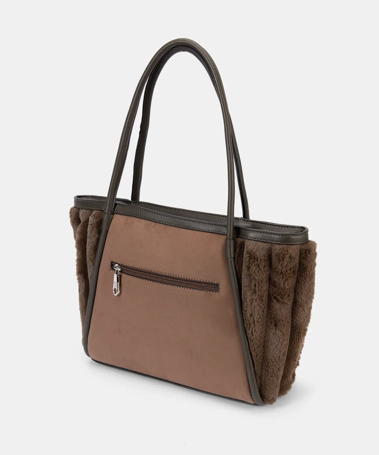 Brown handbag with fur trim on a white background