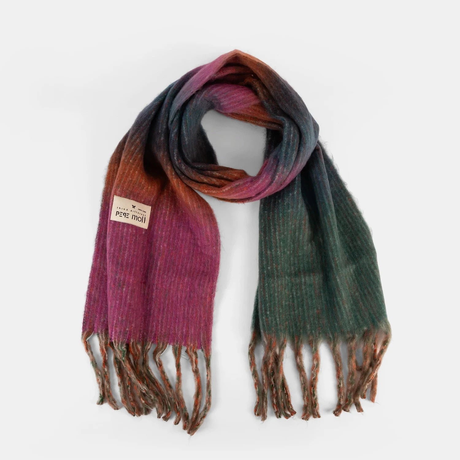 Gradient scarf with purple, orange, and green colors on a white background