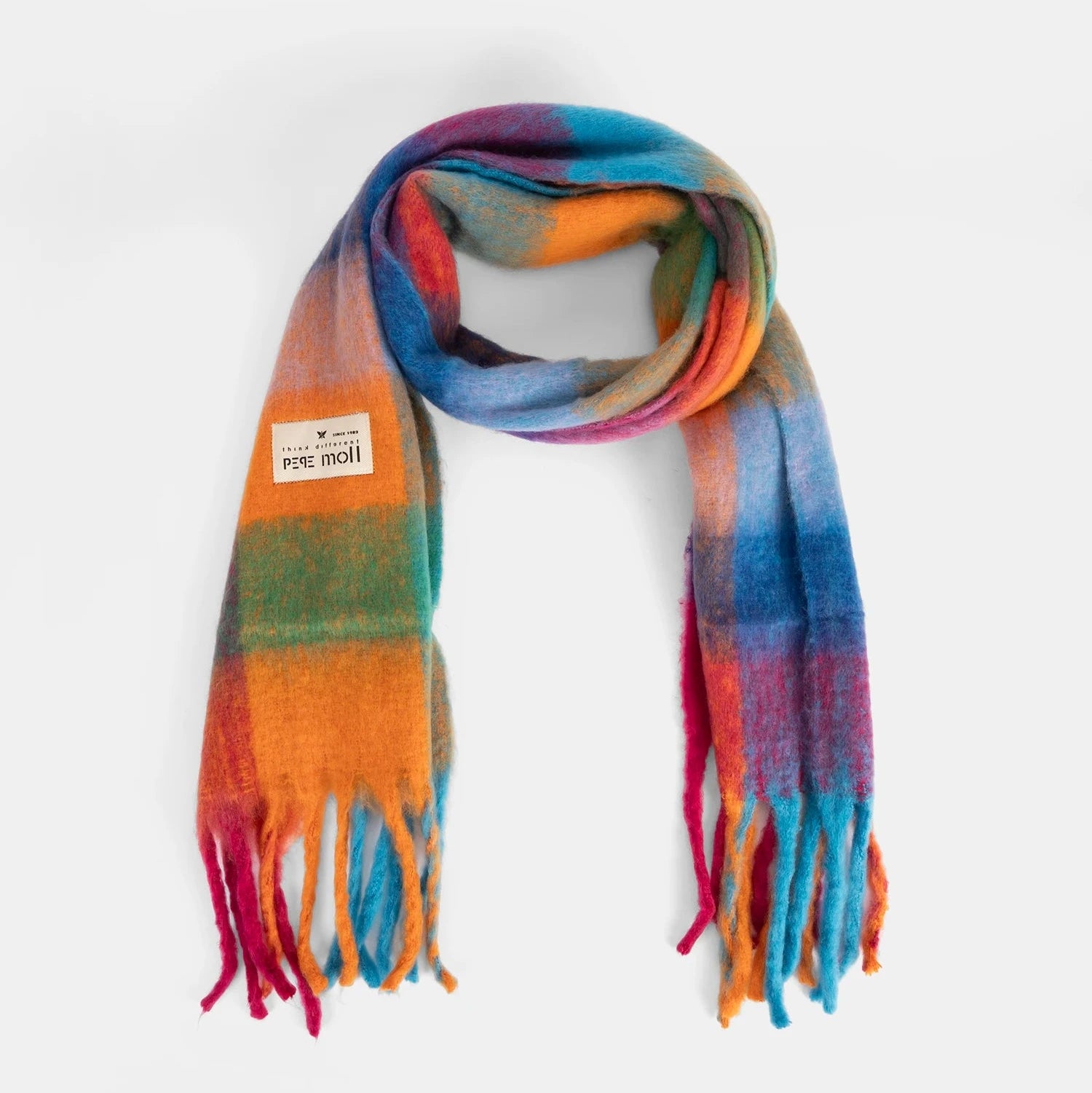 Multicolored plaid scarf with brand label on a white background