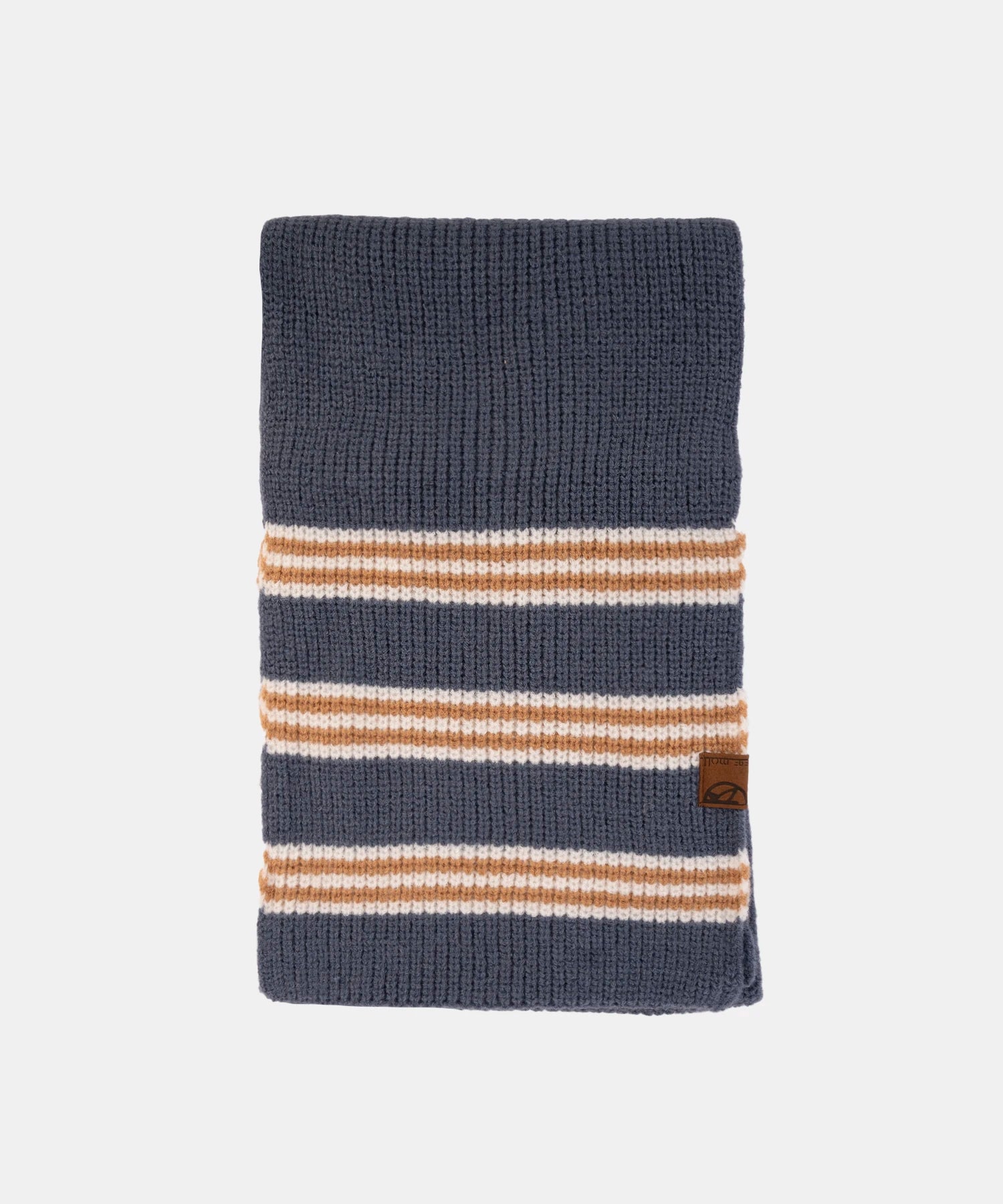Folded blue knitted scarf with beige and white stripes on a light gray background