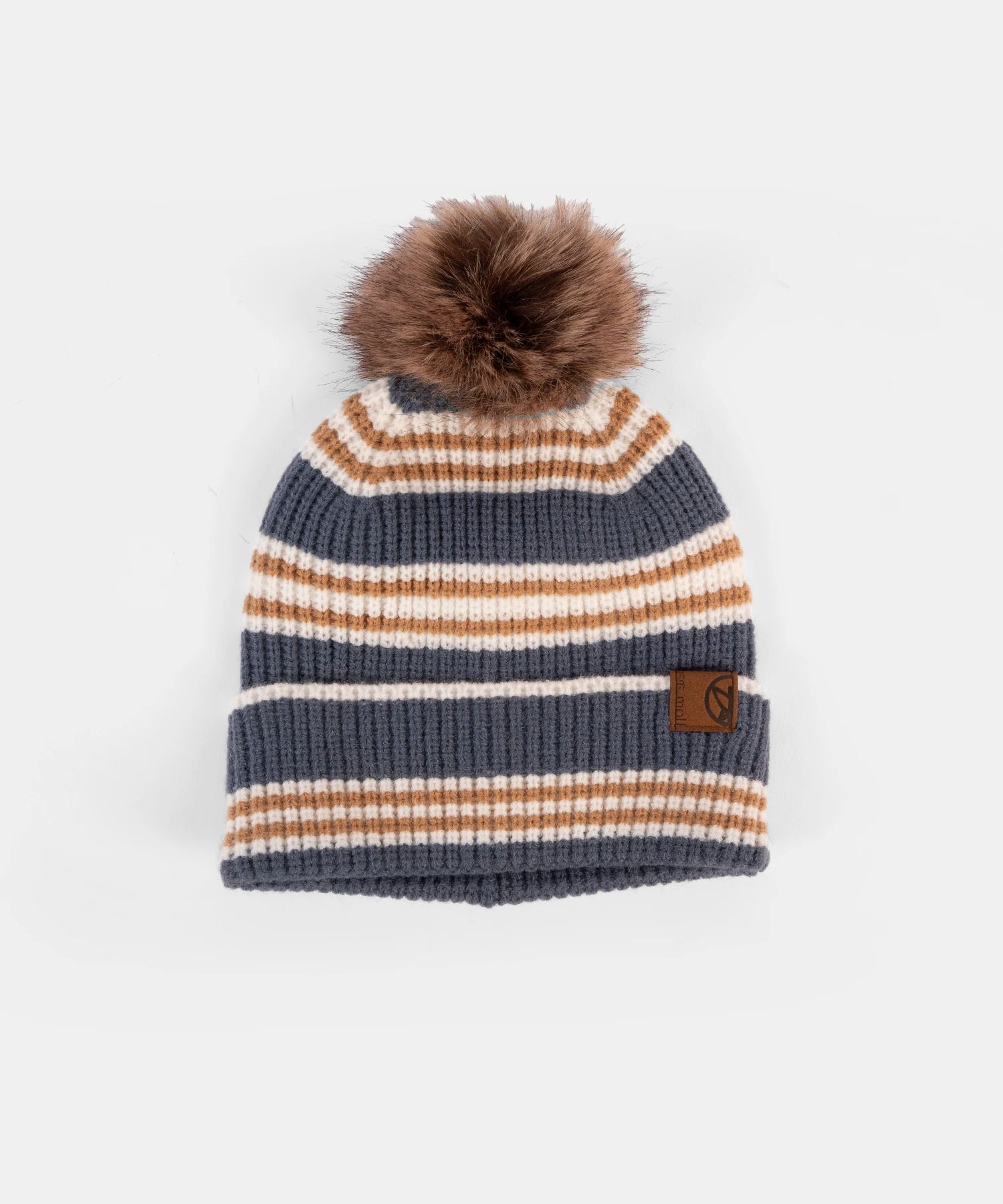 Striped knit beanie with a brown pom-pom on a white background