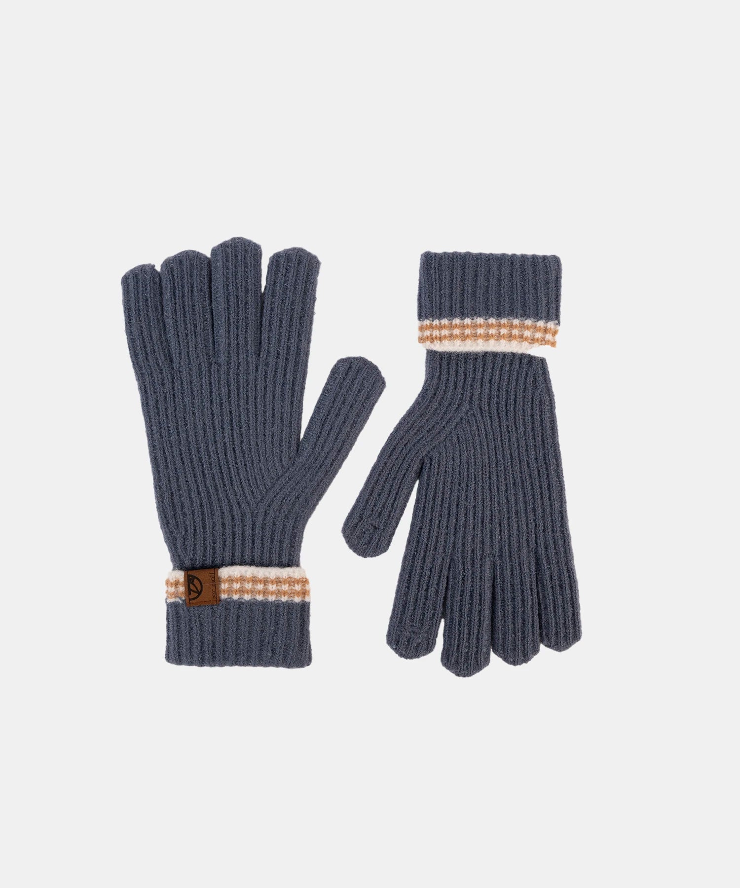 Pair of gray gloves with brown accents on a light gray background