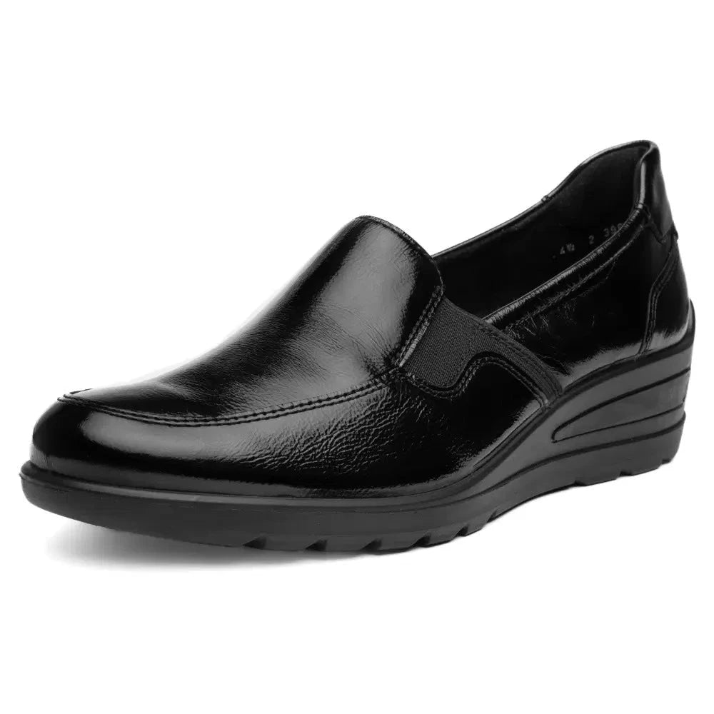 Ara Zürich Black Patent Wide Fit Wedge Loafers