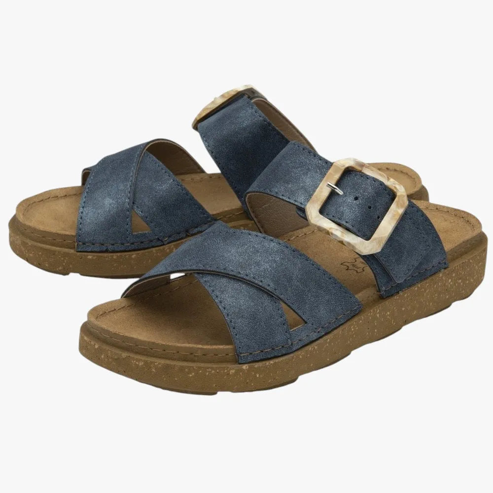 Lotus Blue Comino Mule Sandals with Tortoise Buckle - Leavys Shoes