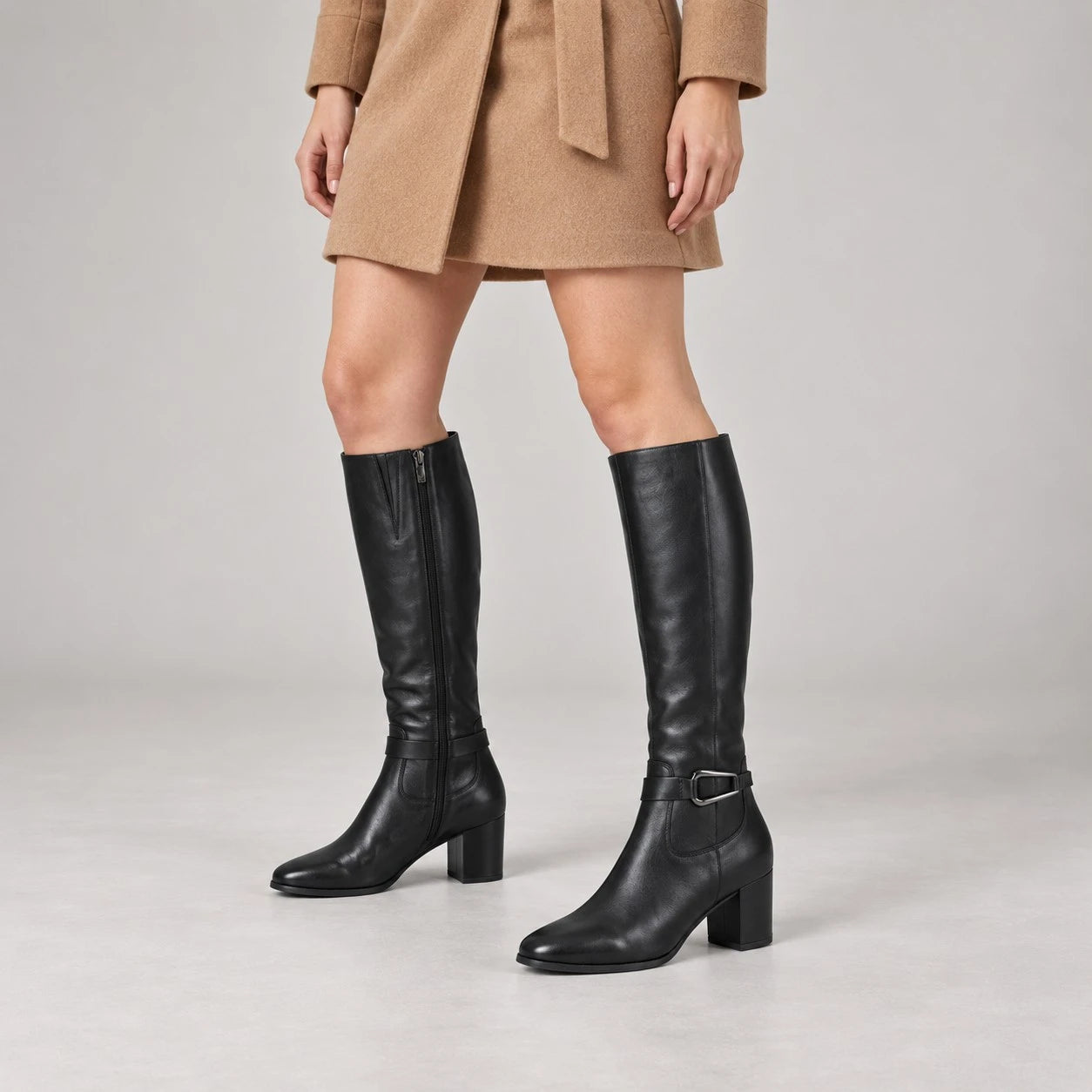 Caprice Black Leather Block Heel Knee-High Boots