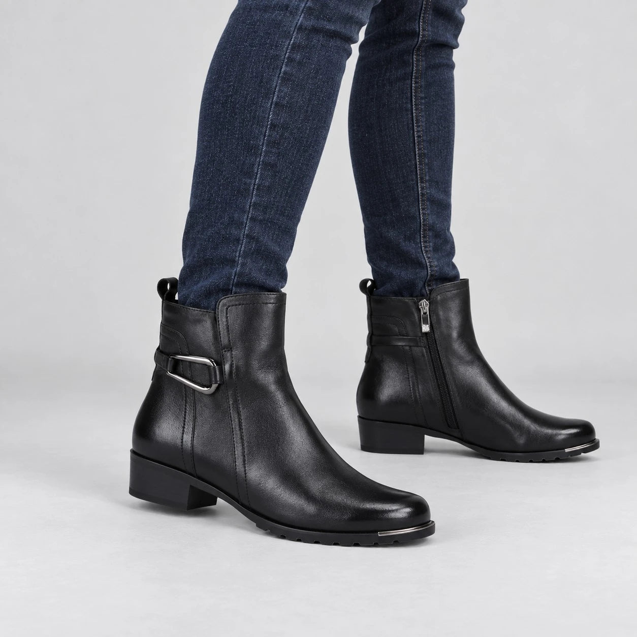 Caprice Black Leather Low Heel Ankle Boots