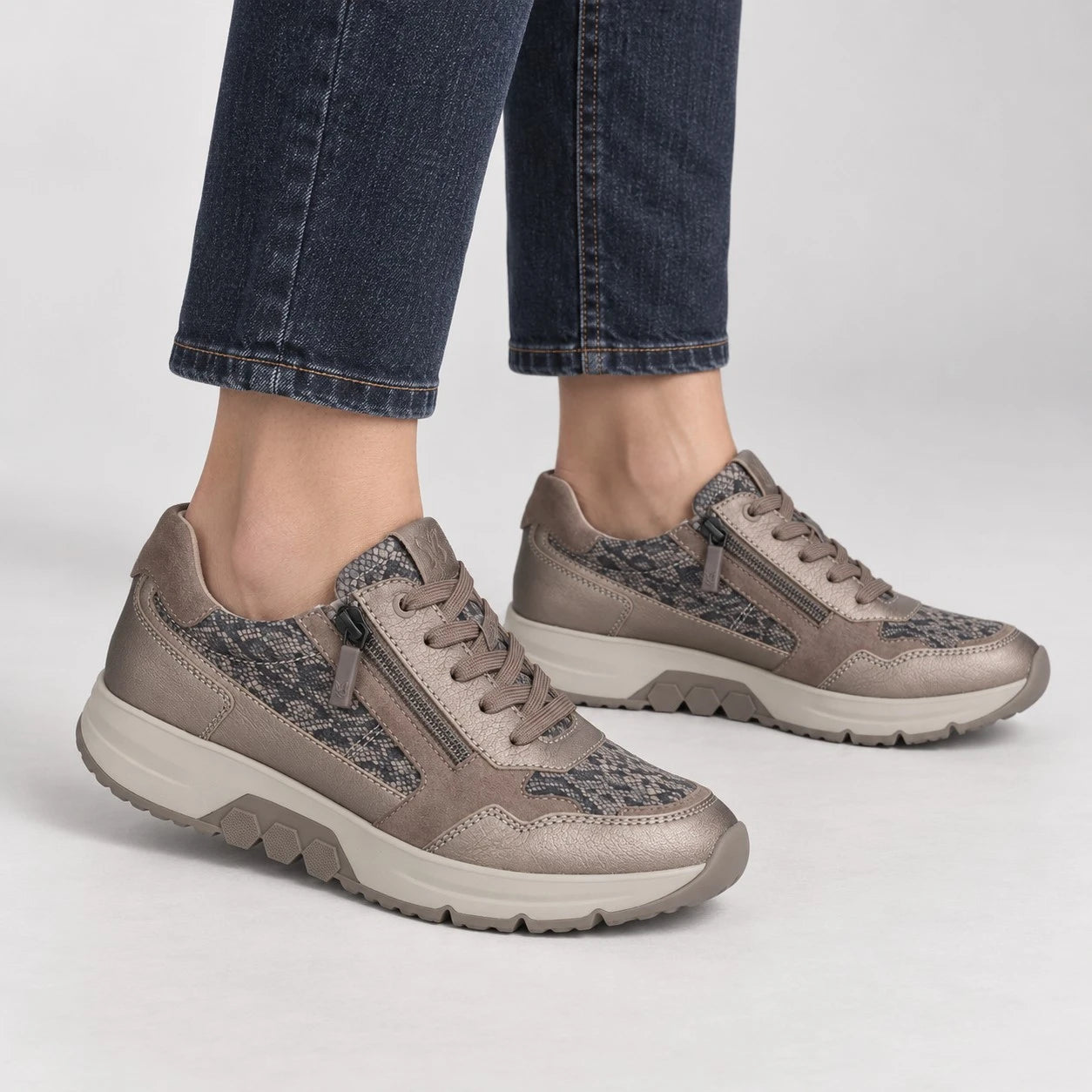 Caprice Taupe Snake Print Wide Fit Leather Trainers