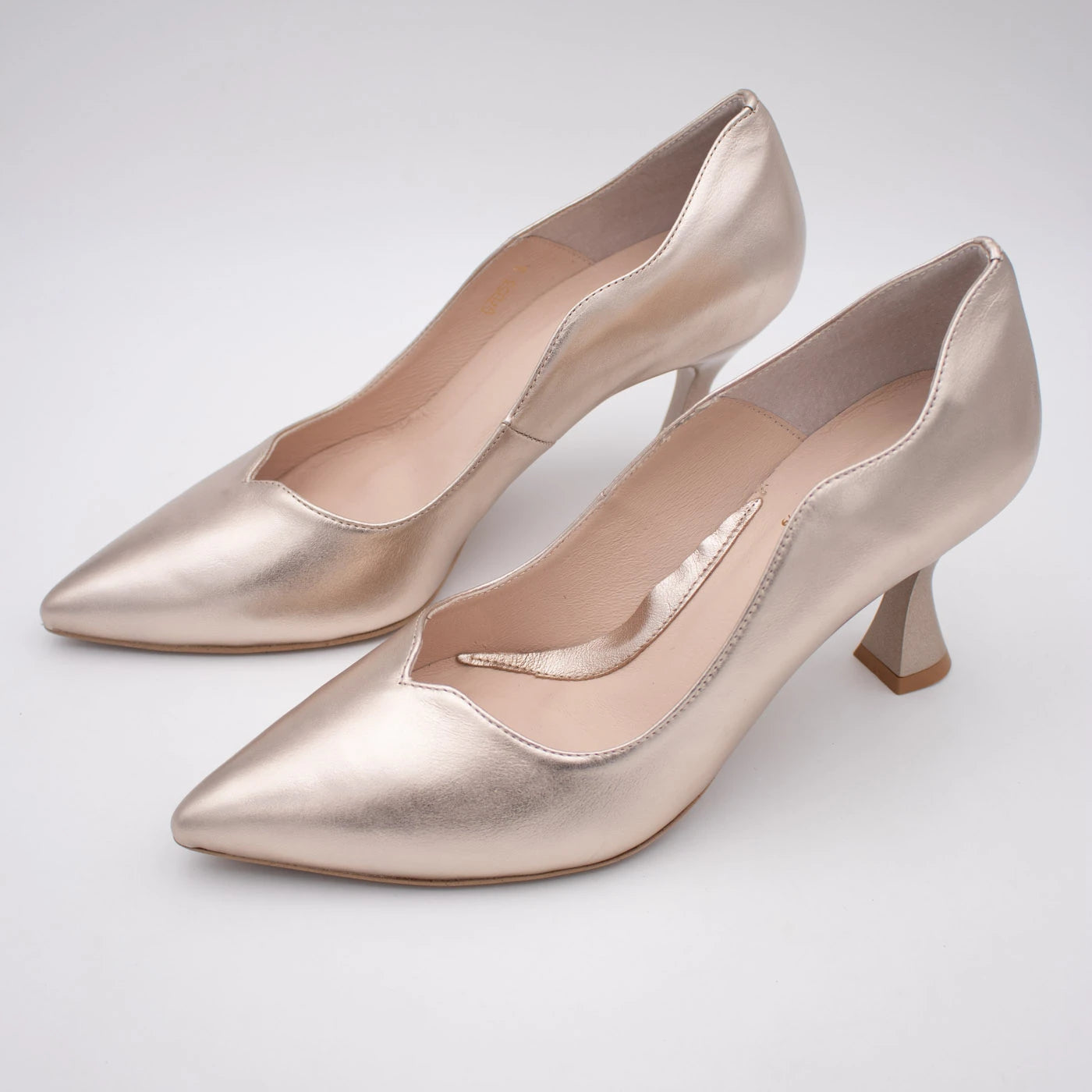 Emis Champagne Gold Leather Sculpted Heel Court Shoes