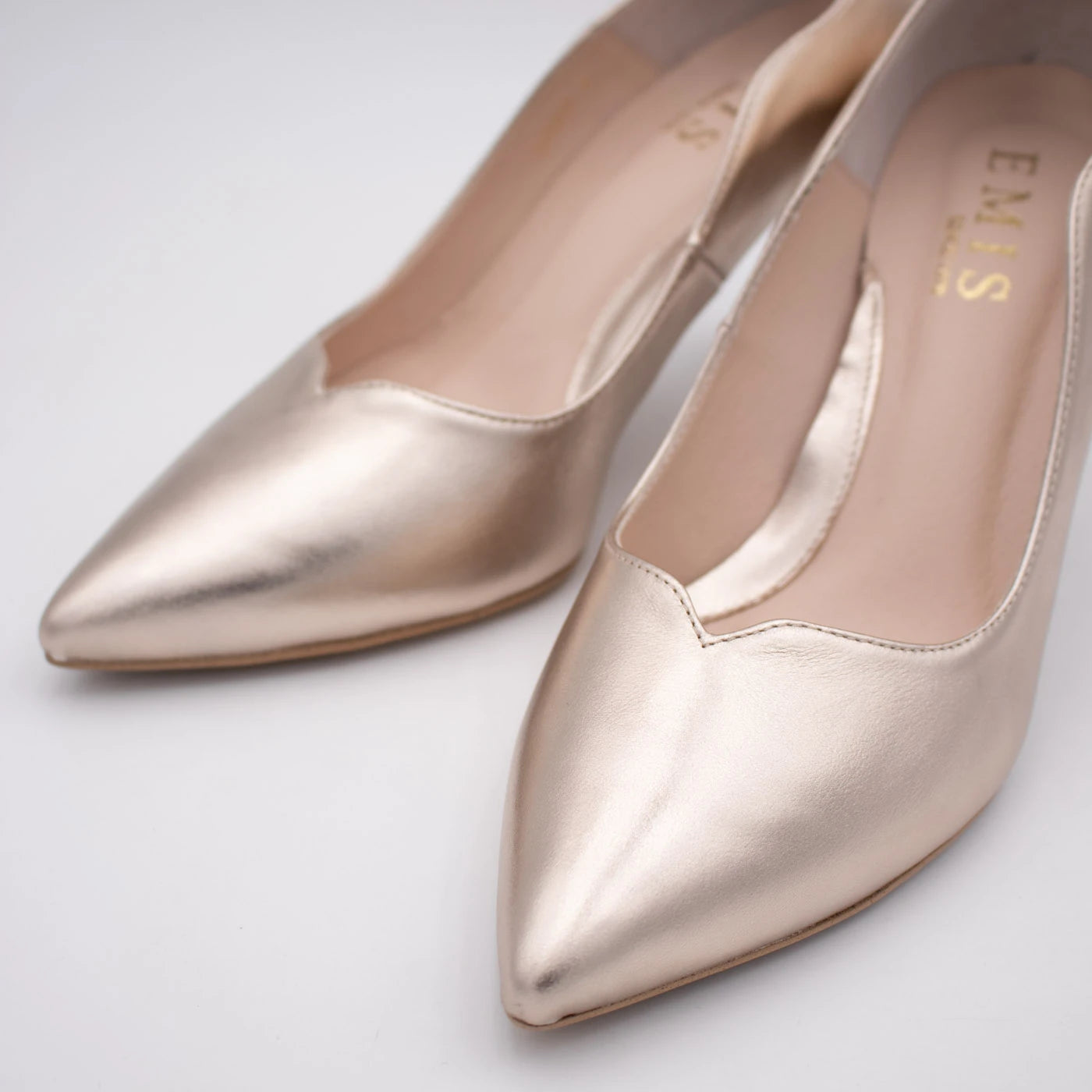 Emis Champagne Gold Leather Sculpted Heel Court Shoes