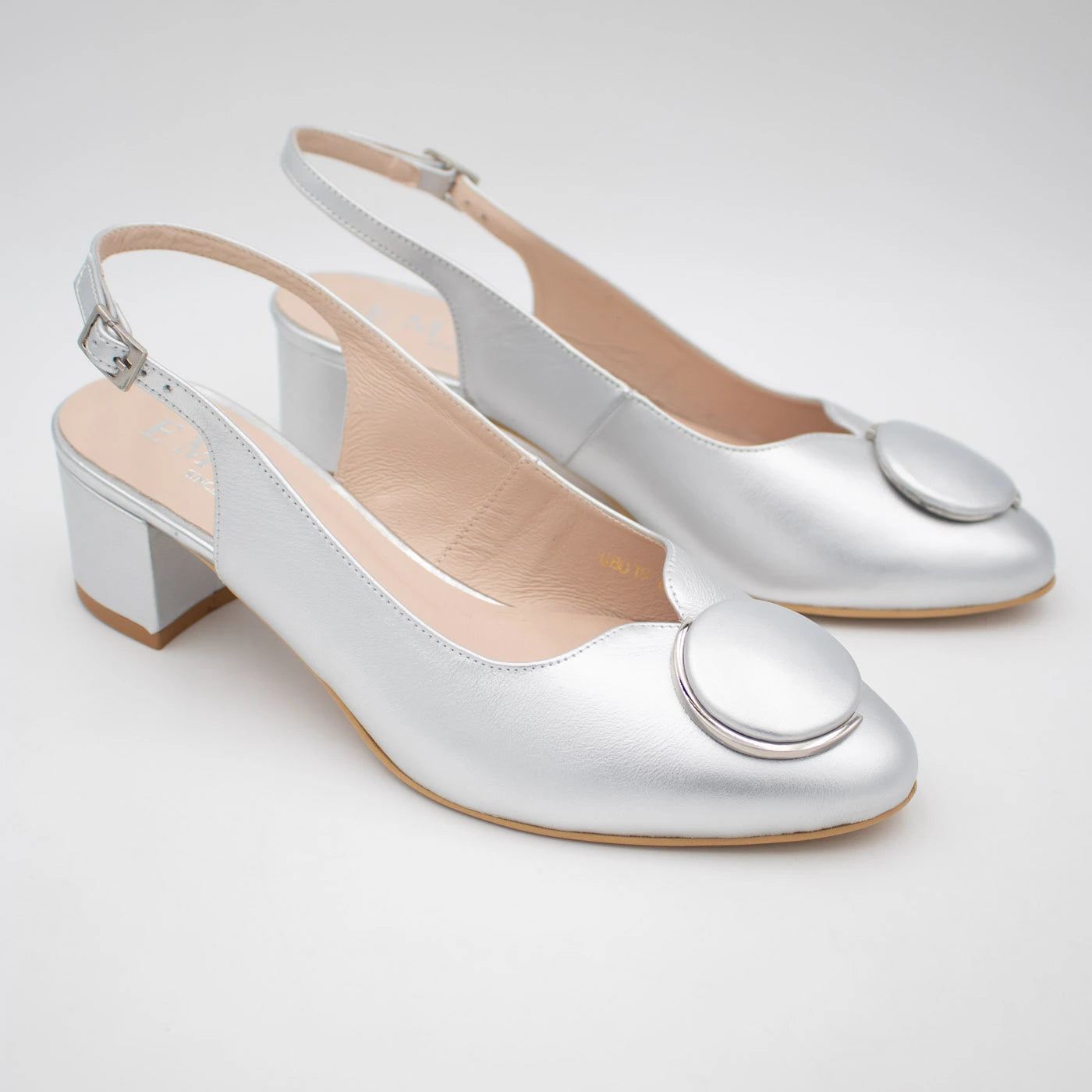 Emis Silver Leather Block Heel Slingback Shoes