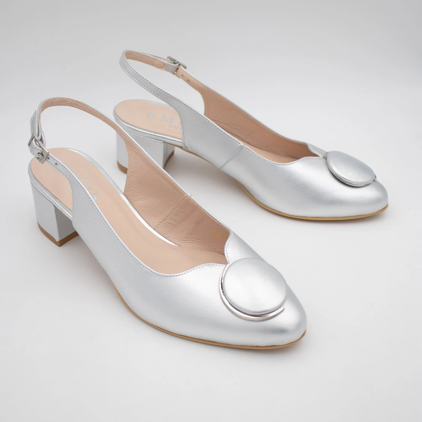Emis Silver Leather Block Heel Slingback Shoes