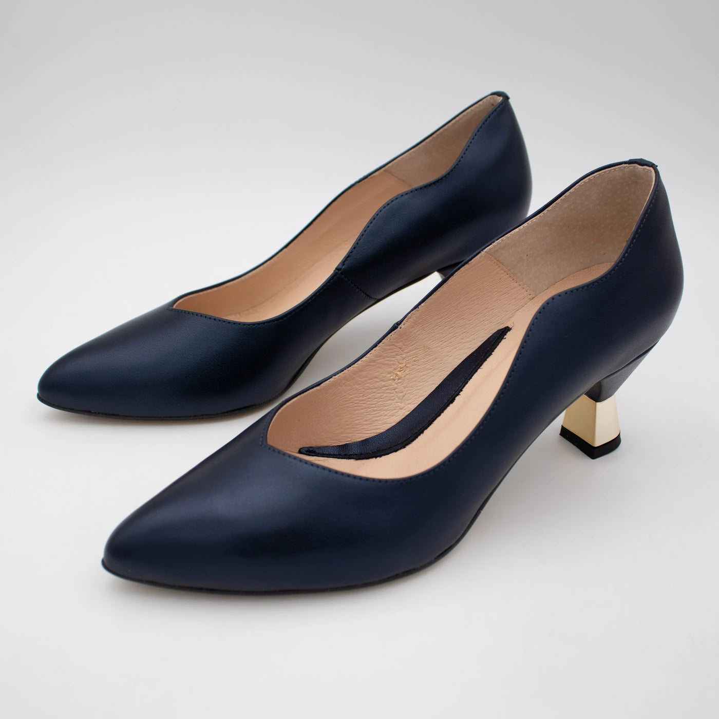 Emis Navy Leather Gold Detail Court Shoes