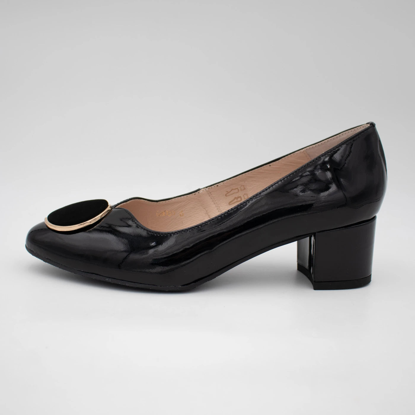 Emis Black Patent Leather Block Heel Court Shoes