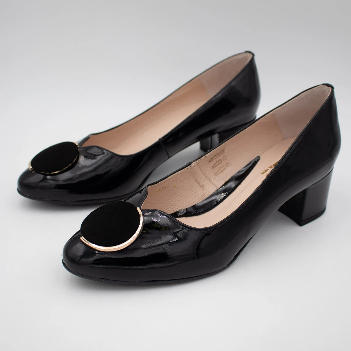 Emis Black Patent Leather Block Heel Court Shoes