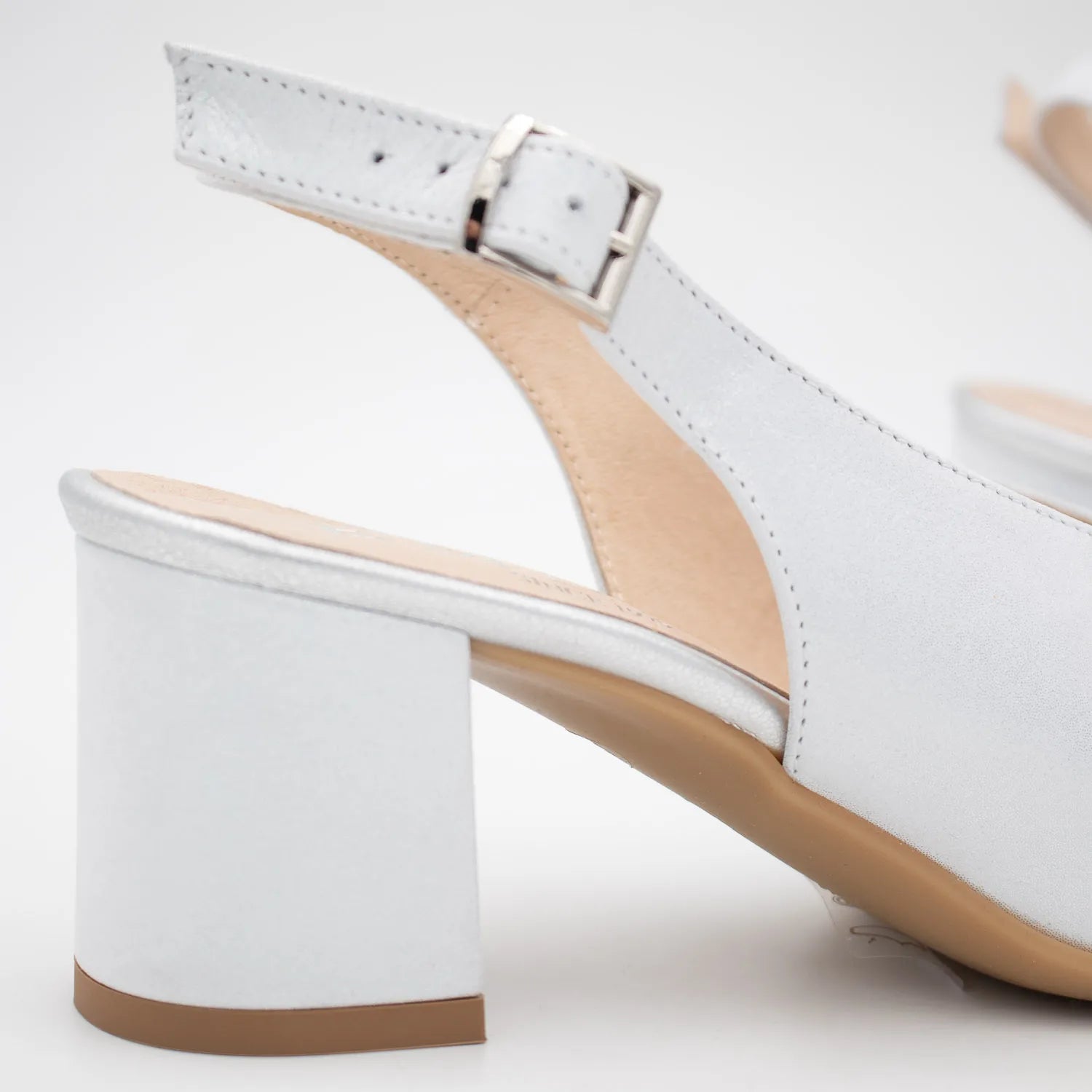 EMIS Silver Leather Slingback Peep-Toe Block Heel - Leavys Shoes