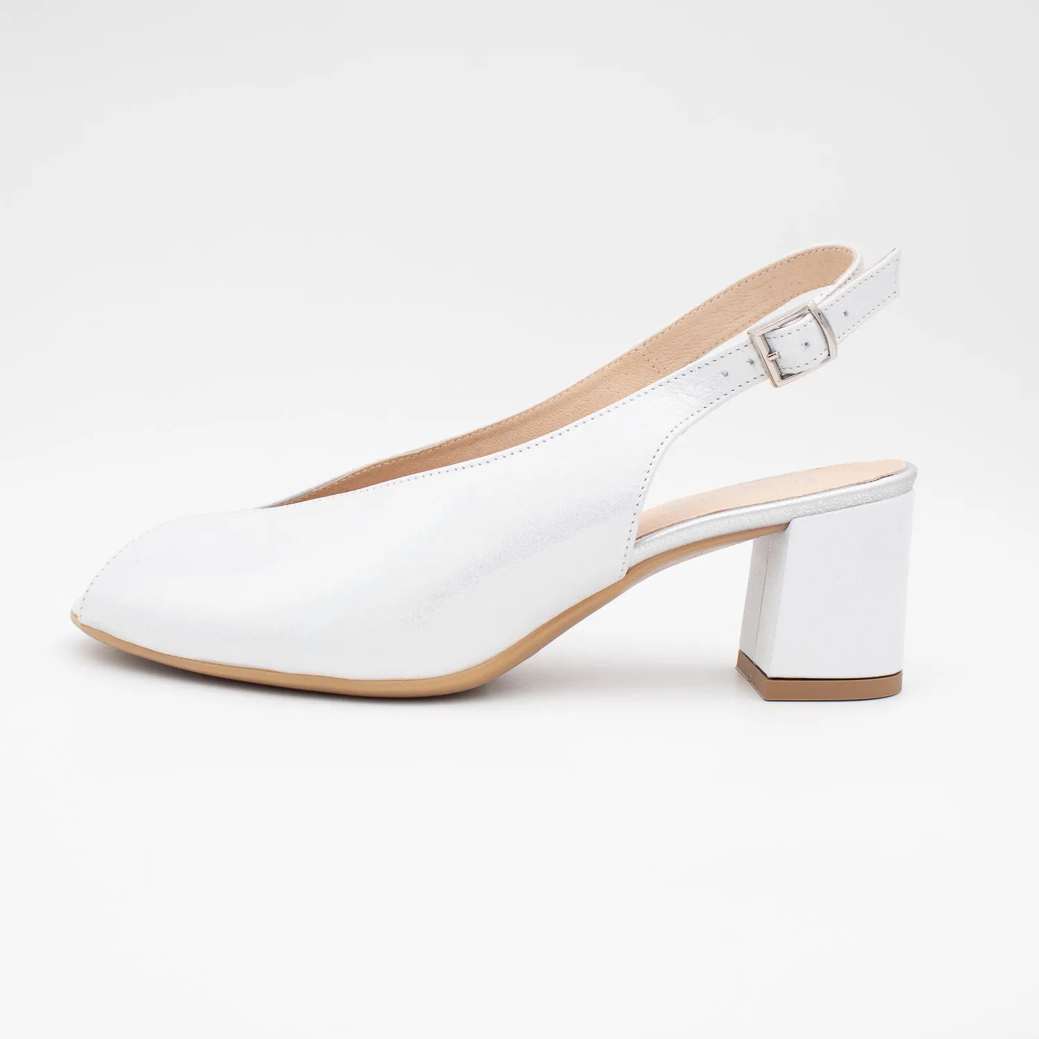 EMIS Silver Leather Slingback Peep-Toe Block Heel - Leavys Shoes