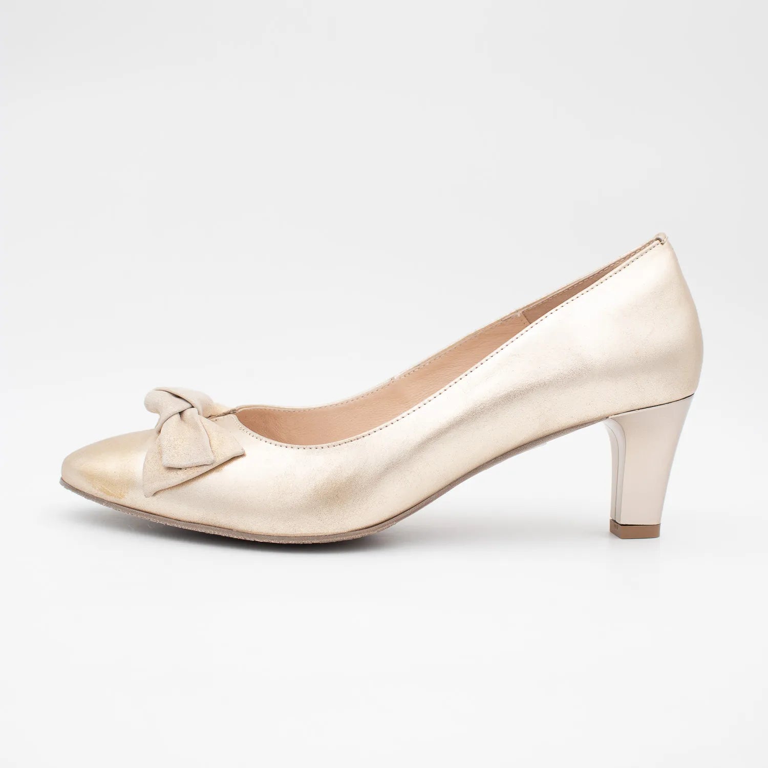 EMIS Gold Satin Court Heel with Soft Bow Detail - Leavys Shoes