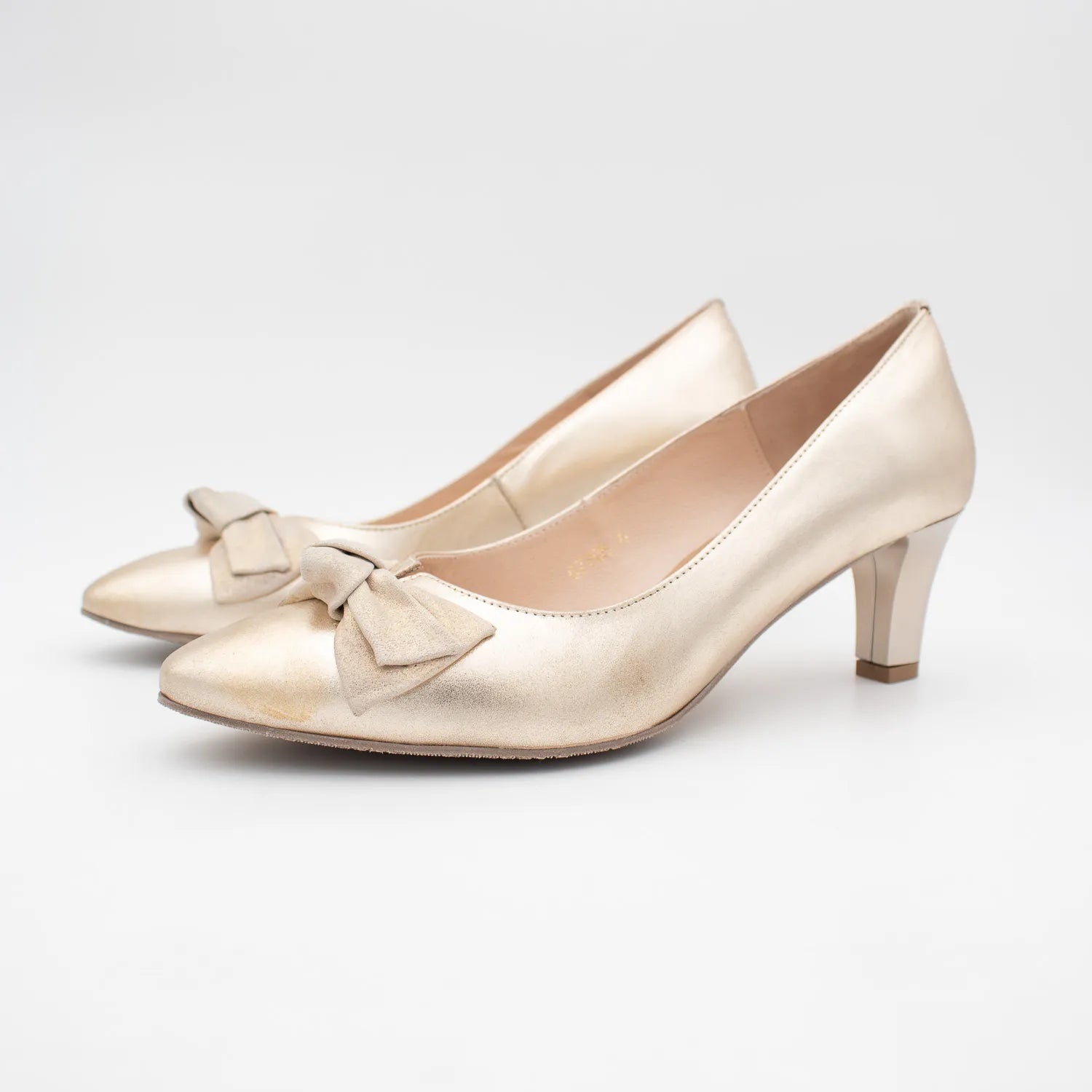 EMIS Gold Satin Court Heel with Soft Bow Detail - Leavys Shoes