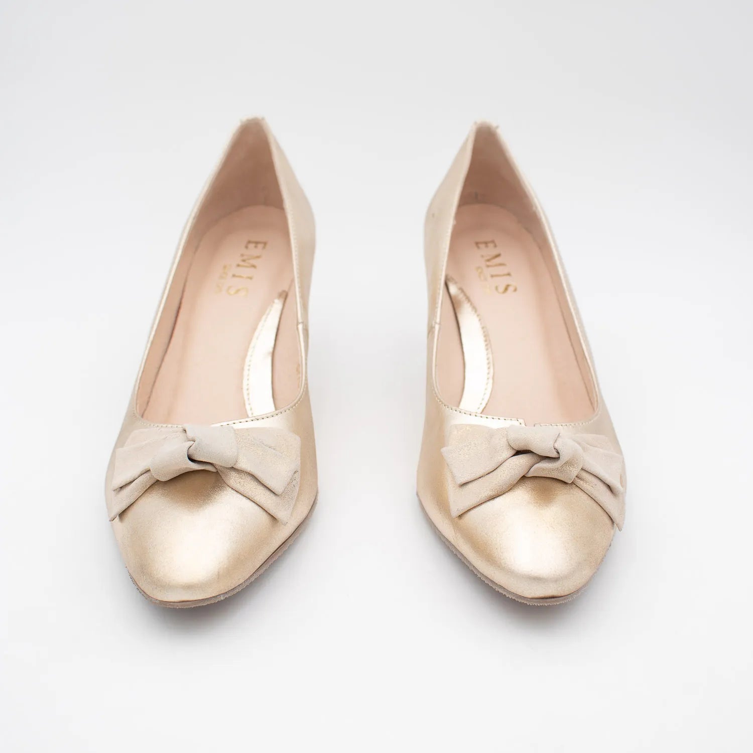 EMIS Gold Satin Court Heel with Soft Bow Detail - Leavys Shoes