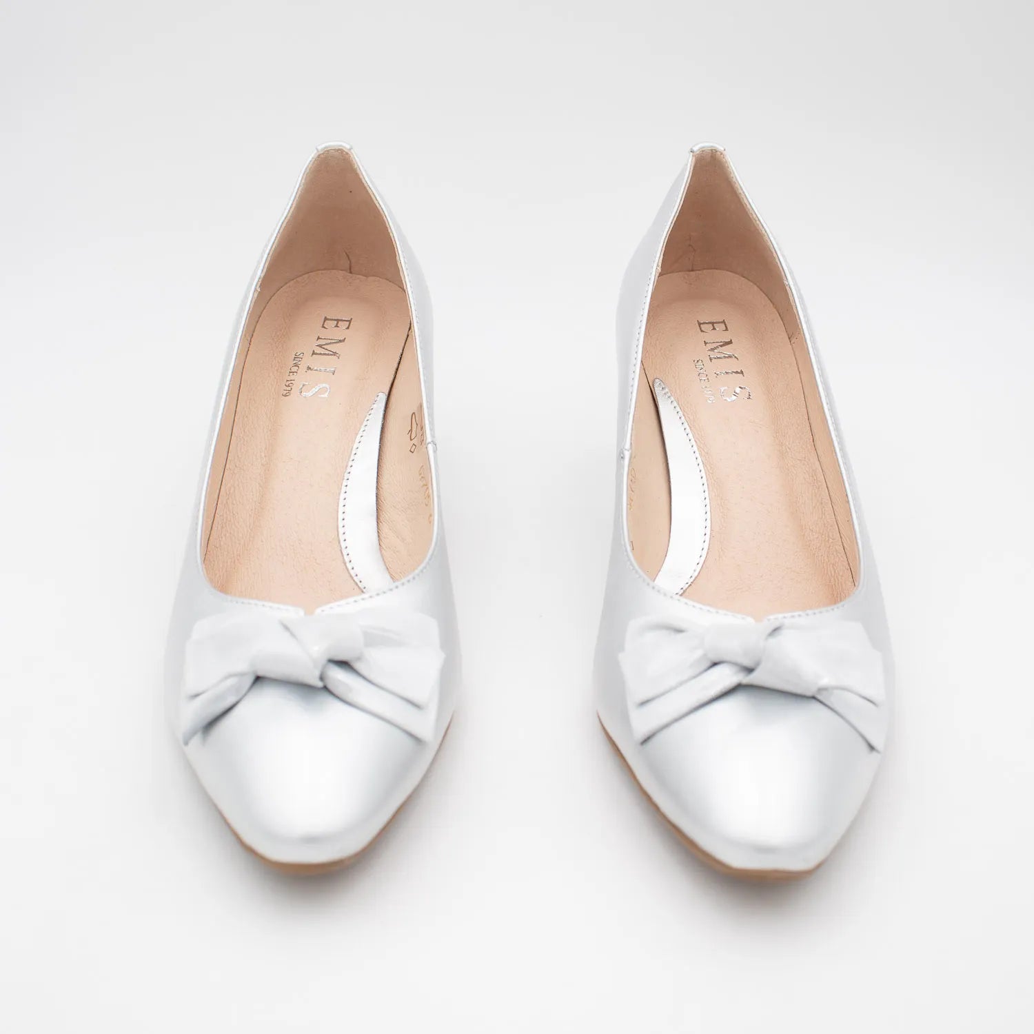 EMIS Silver Leather Court Heel with Bow Accent - Leavys Shoes