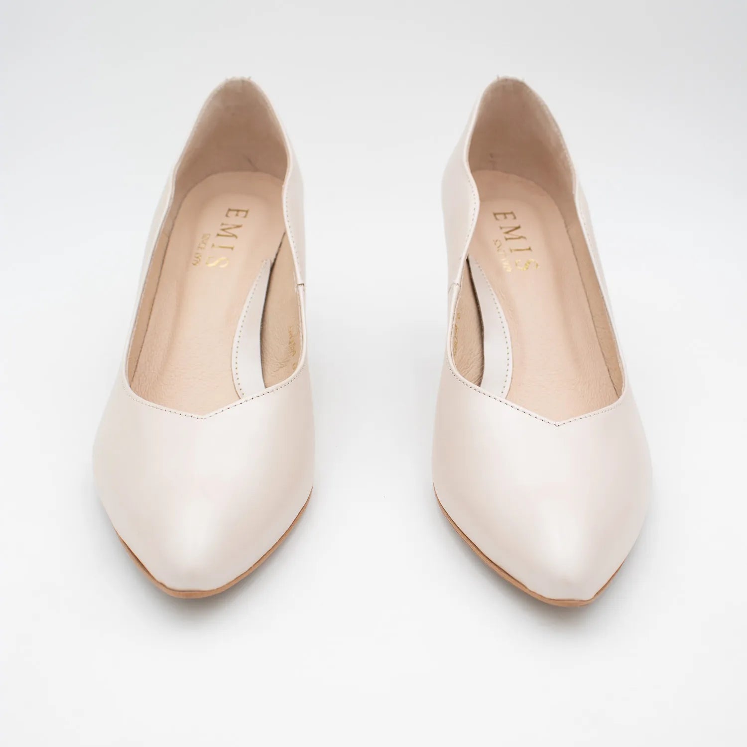 EMIS Beige Leather Court Heels with Sculpted Gold Heel - Leavys Shoes