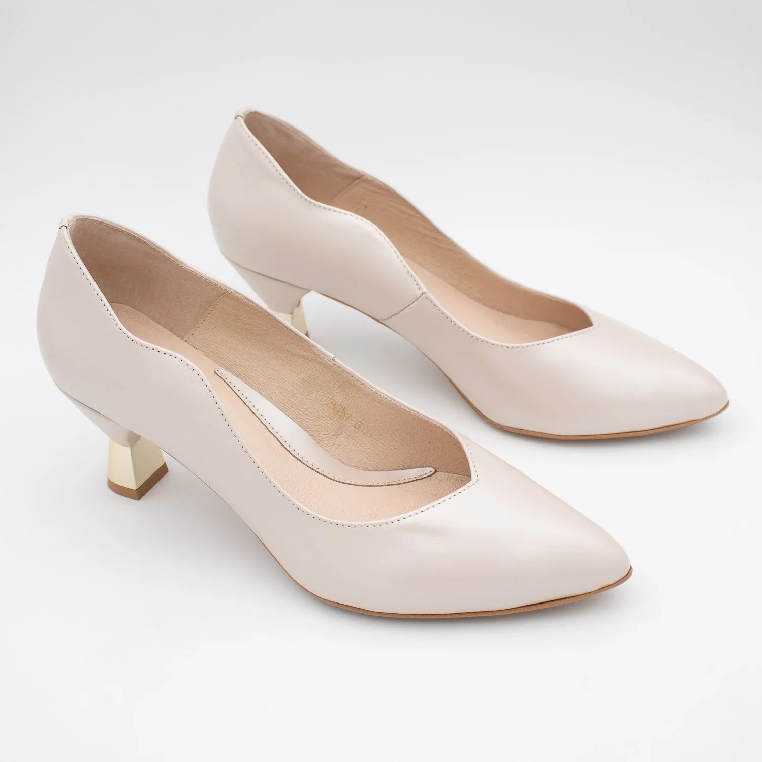 EMIS Beige Leather Court Heels with Sculpted Gold Heel - Leavys Shoes