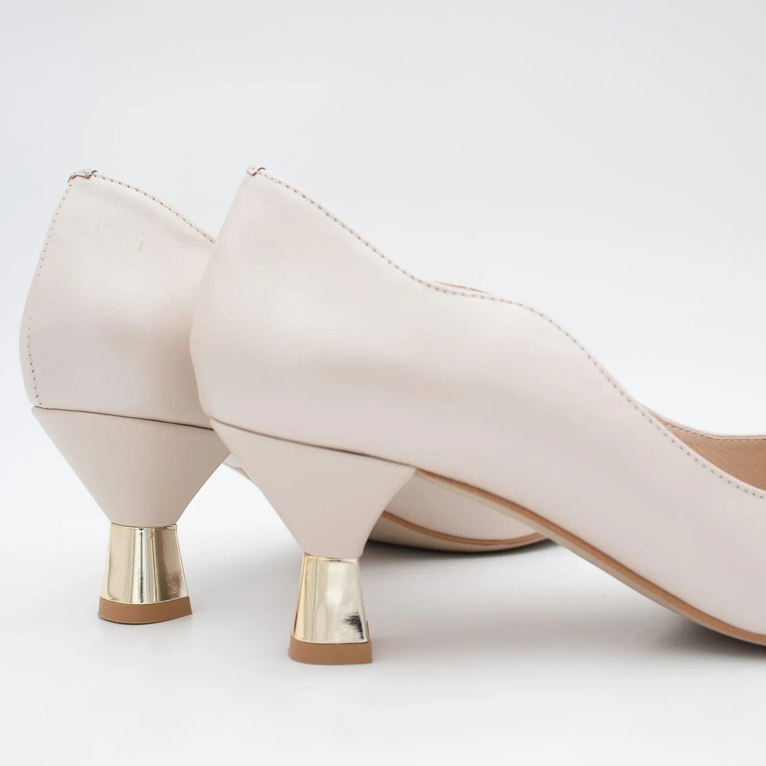 EMIS Beige Leather Court Heels with Sculpted Gold Heel - Leavys Shoes