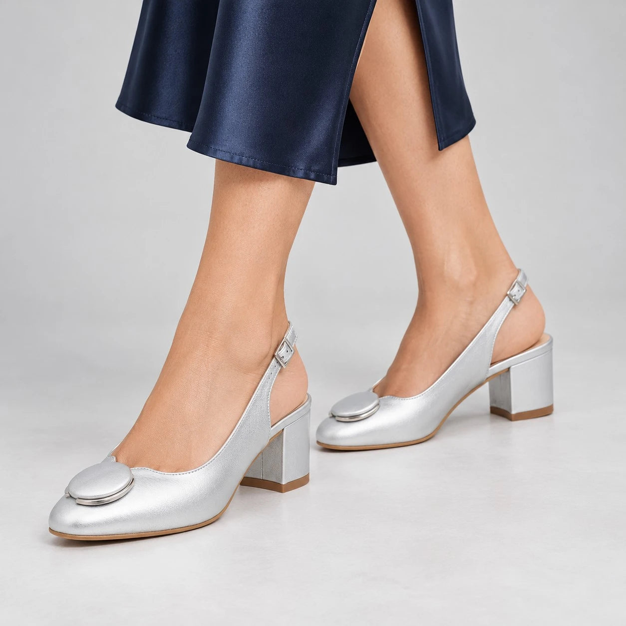 Emis Silver Leather Block Heel Slingback Shoes