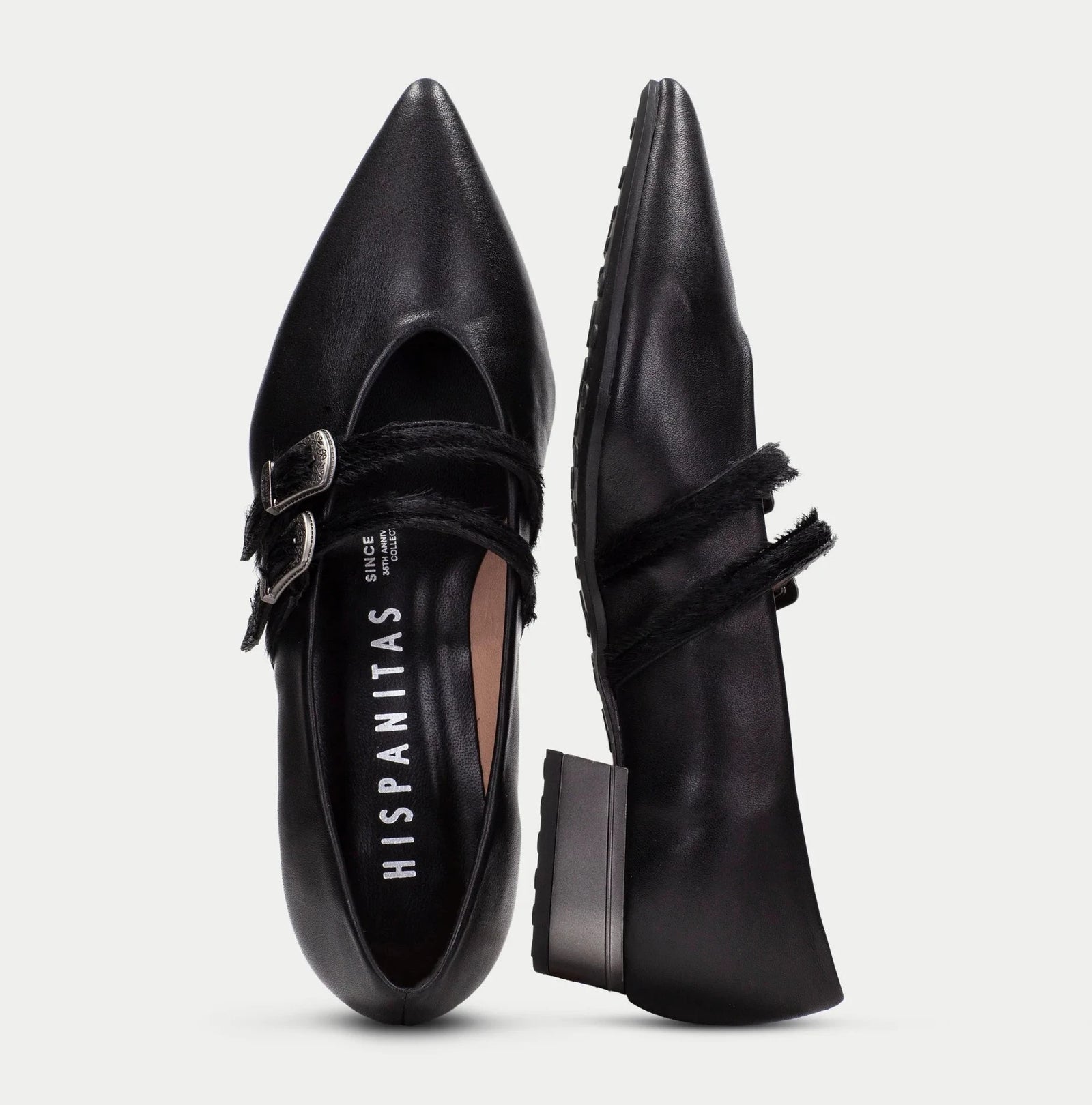 Hispanitas Ginebra Black Pony Leather Ballerina Shoes