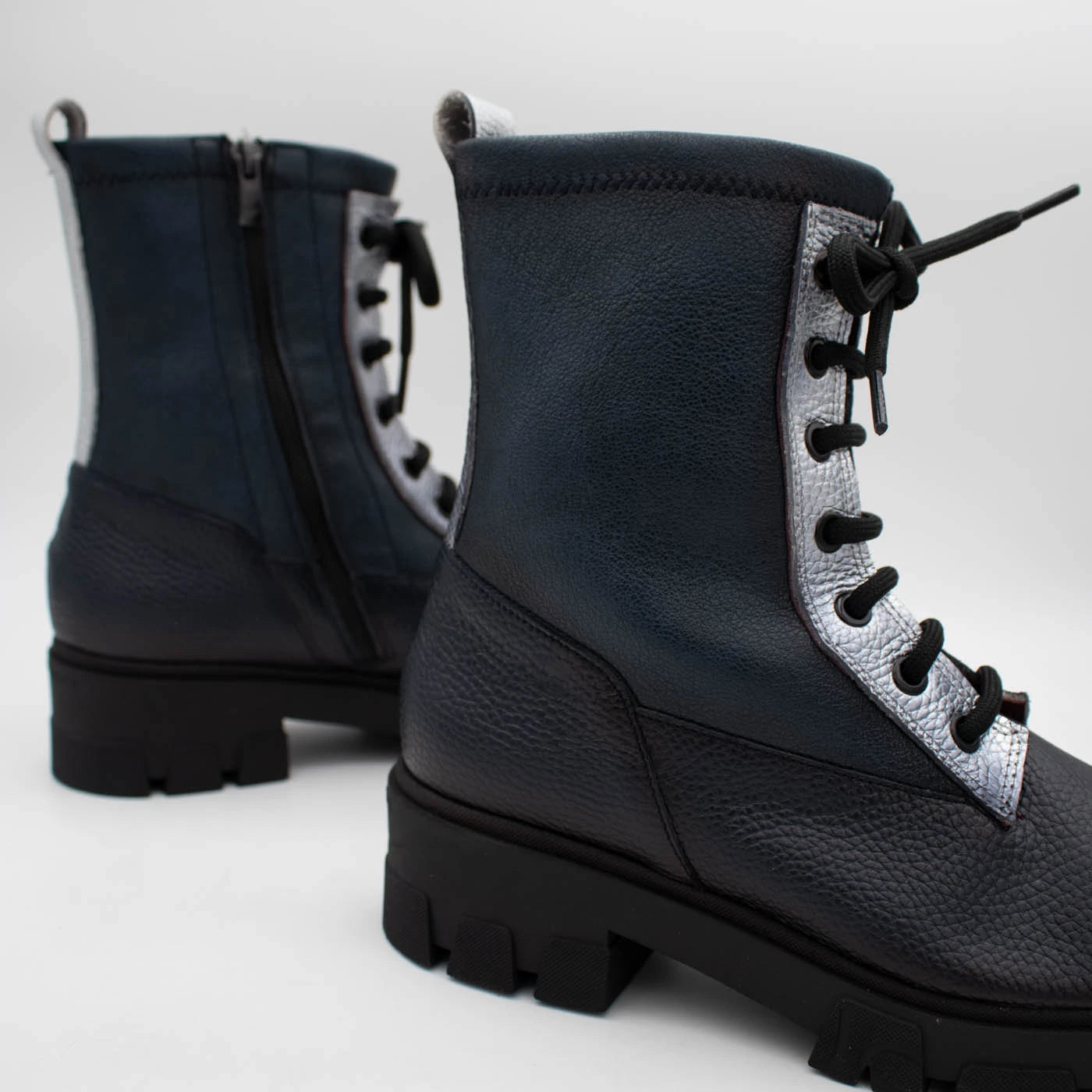 Jose Saenz Noelia Navy & Silver Leather Lace-Up Boots
