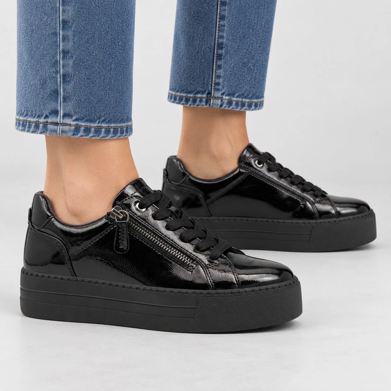 Jana Black Patent Vegan Platform Trainer with Zip Detail