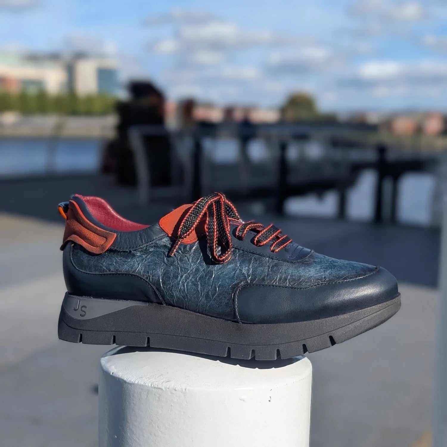 Jose Saenz Navy Leather Platform Trainers with Orange Trim