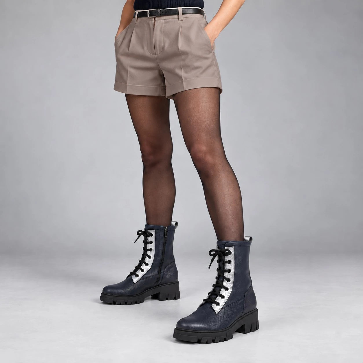 Jose Saenz Noelia Navy & Silver Leather Lace-Up Boots