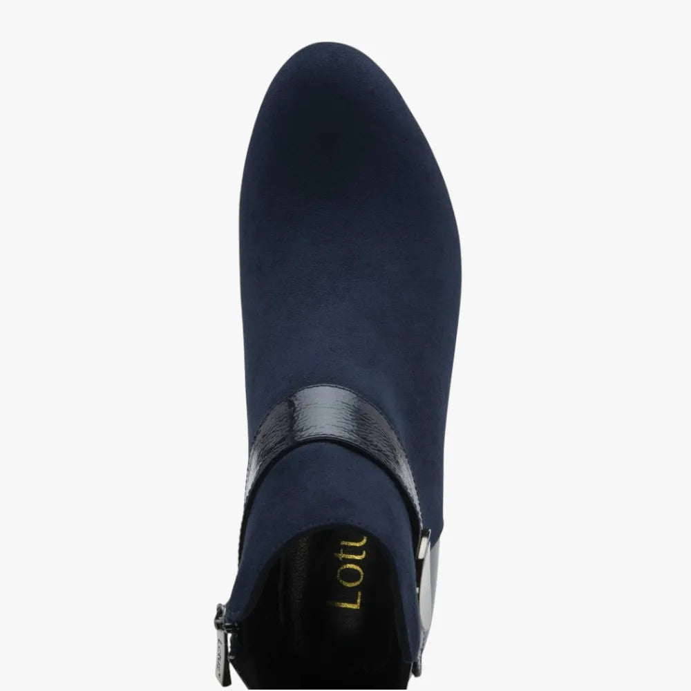 Lotus Kirsty Navy Heeled Ankle Boots with Gloss Strap - Leavys Shoes