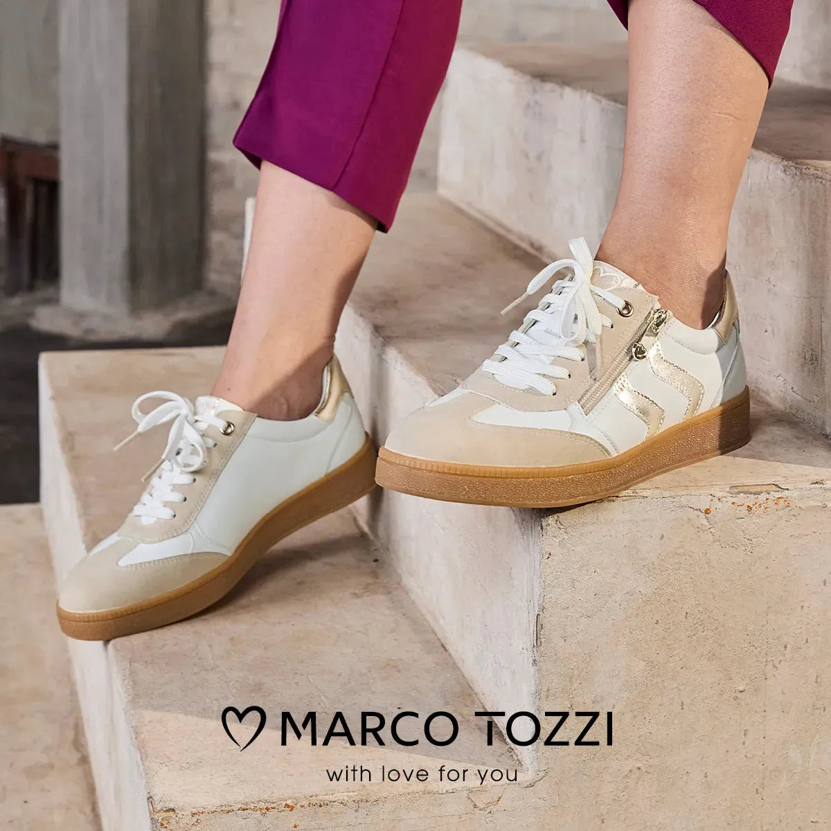 Marco Tozzi White Runner – Gum Sole with Gold Accents - Leavys Shoes
